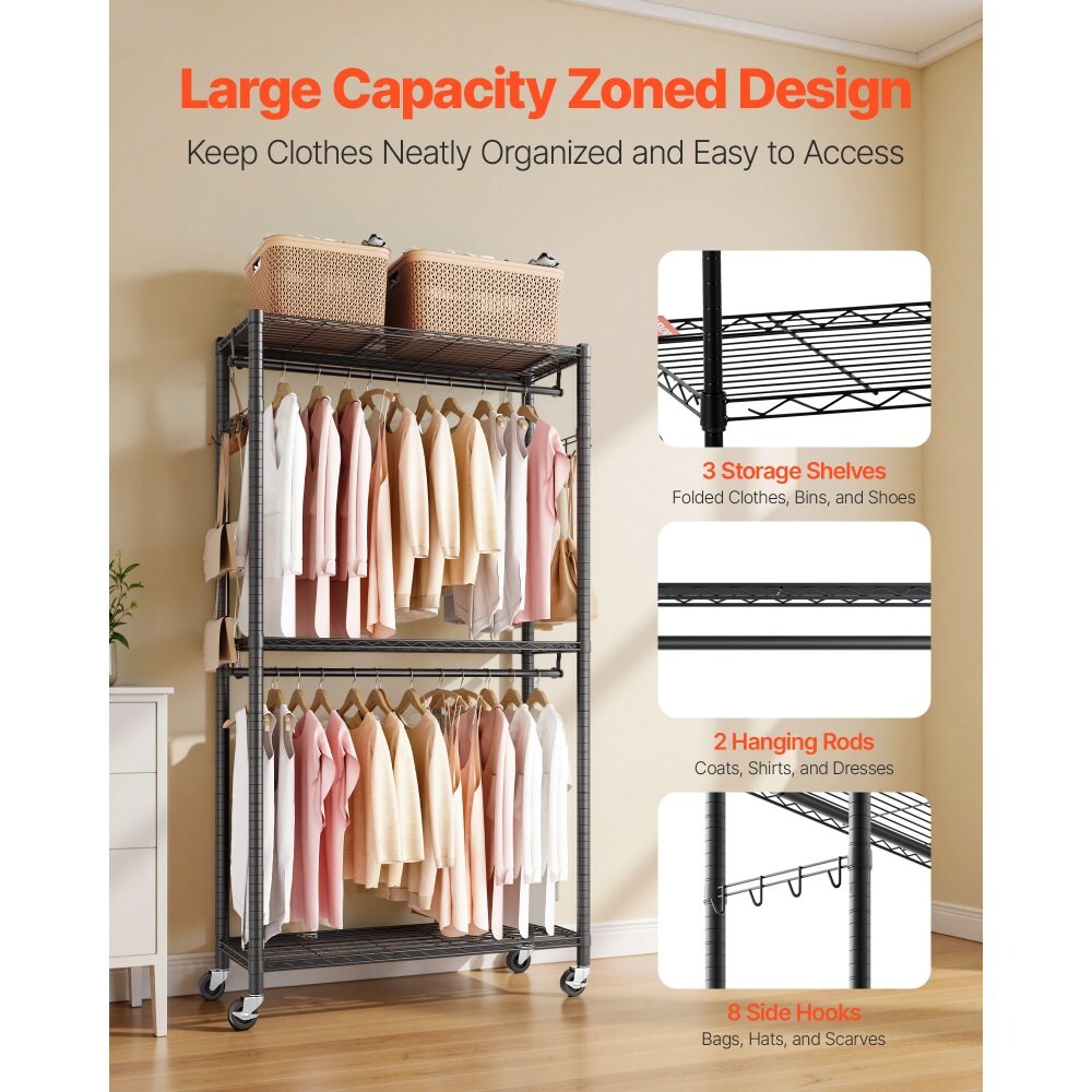 Heavy Duty Rolling Clothes Rack Carbon Steel 3 Shelf Garment Organizer