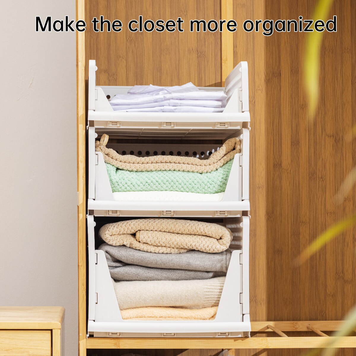 VUSIGN Large Mix-Light-Beige Collapsible Storage Crates – Fold-Flat Plastic Bins for Home & Office Organization, 3-Pack