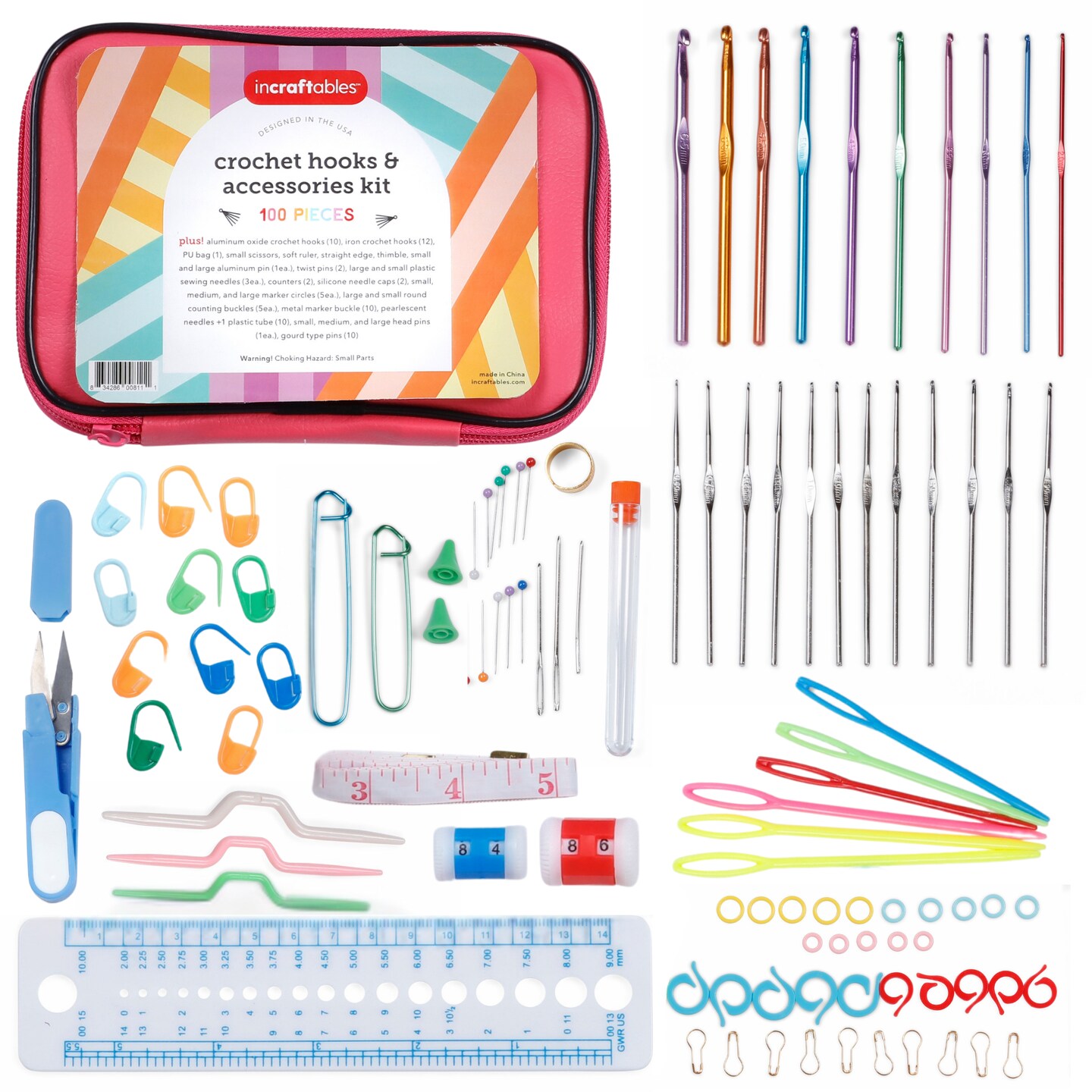 Incraftables Crochet Hook Set with Case 100pcs. Best Crochet Hook Kit for Beginners & Professionals. Ergonomic Crochet Tools with Needles, Scissors, Ruler, Head Pins & Accessories for Kids & Adults