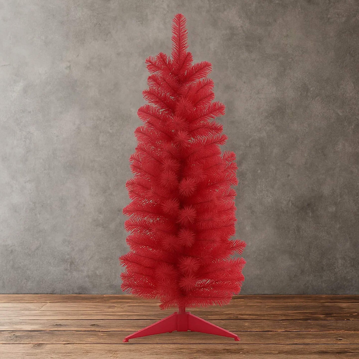 2ft Red Tabletop Pencil Christmas Tree with Plastic Stand 93 Tips Mini Noble Fir Decoration