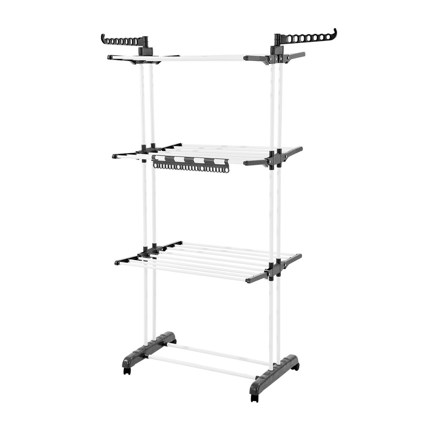 4-Tier Foldable Clothes Drying Rack with 24 Rods and Side Wings Swivel Casters Iron Tube