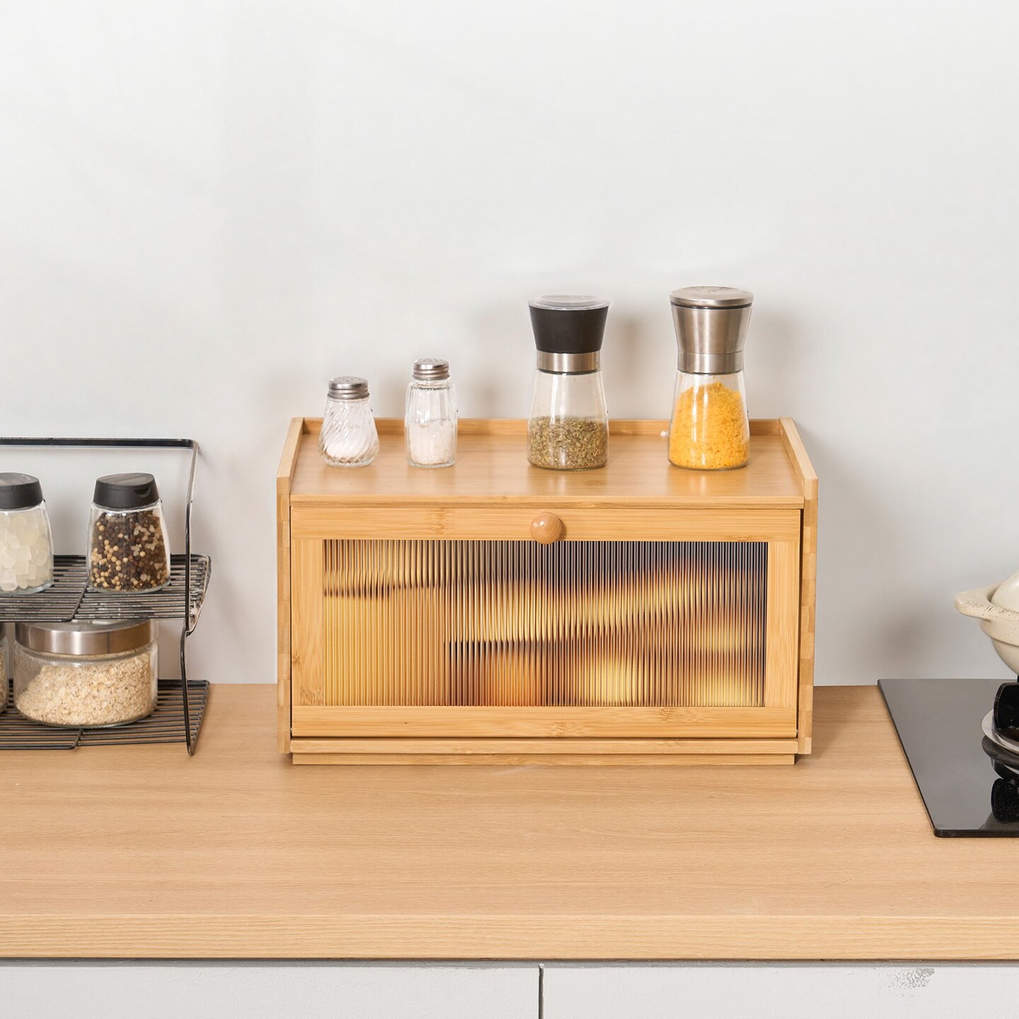 Natural Wood Wicker Bread Box with Acrylic Door and Magnetic Lid