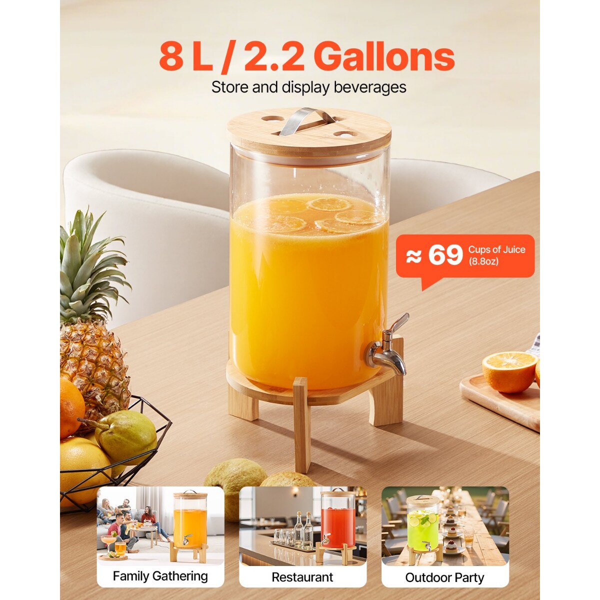 Glass Drink Dispenser 2.2 Gal for Juice Iced Tea Lemonade Parties