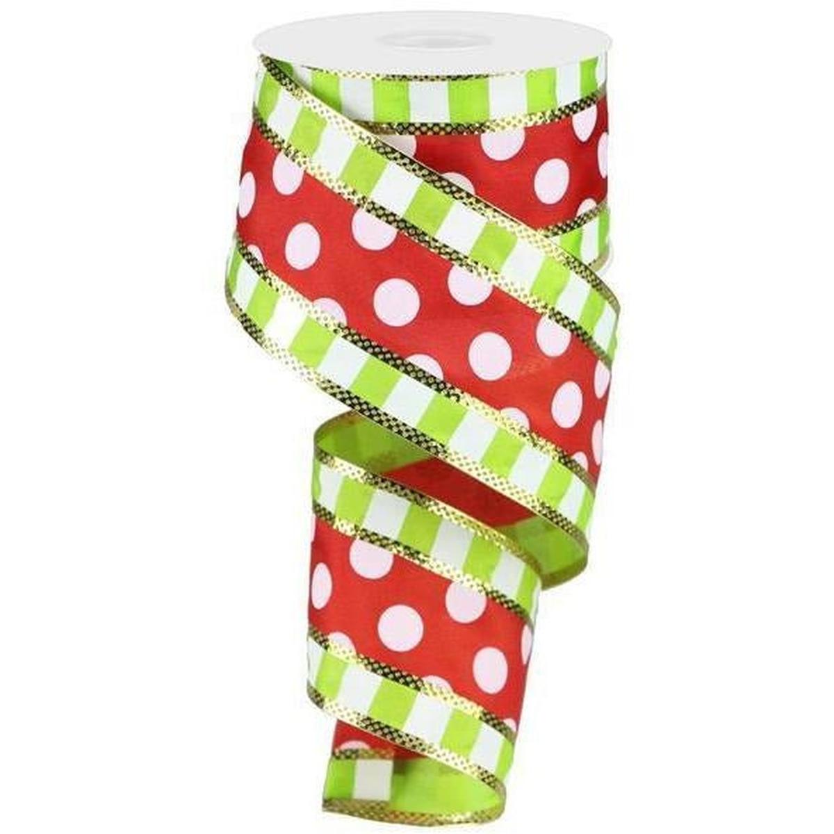2.5&#x22; Striped Edge Polka Dot Ribbon: Red, Lime &#x26; White (10 Yards)