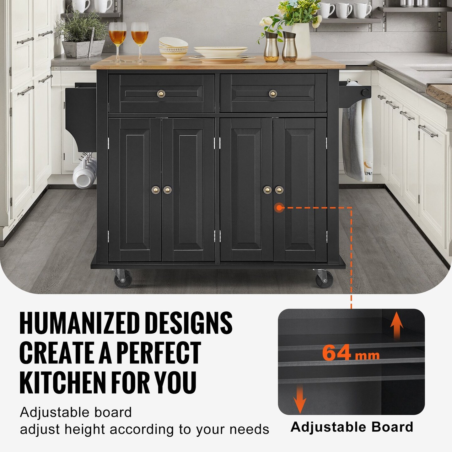 Wood Color-Black Solid Wood and MDF Kitchen Island with Drop Leaf and Wheels