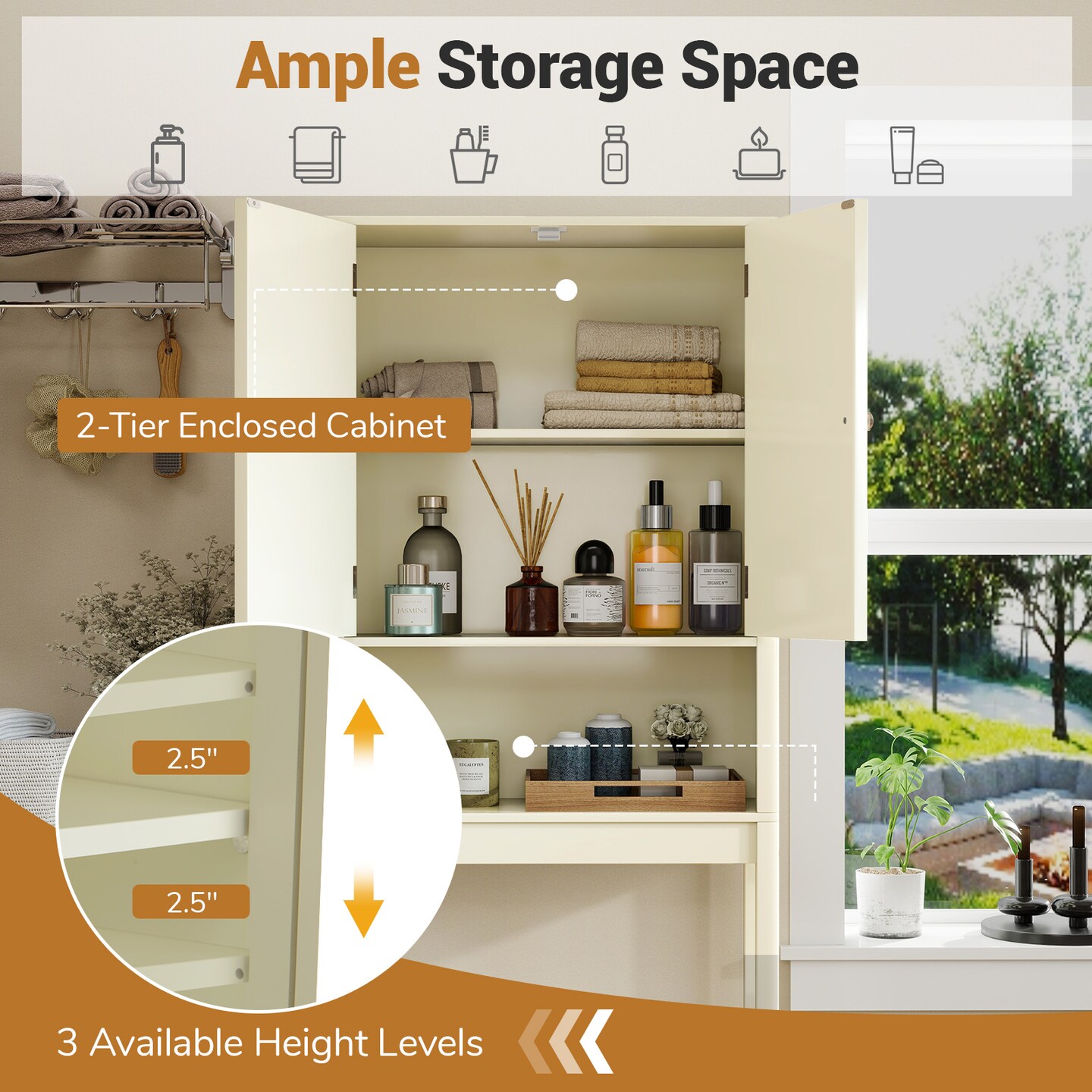 Beige MDF Over-The-Toilet Storage Cabinet with Adjustable Shelves and Fluted Doors