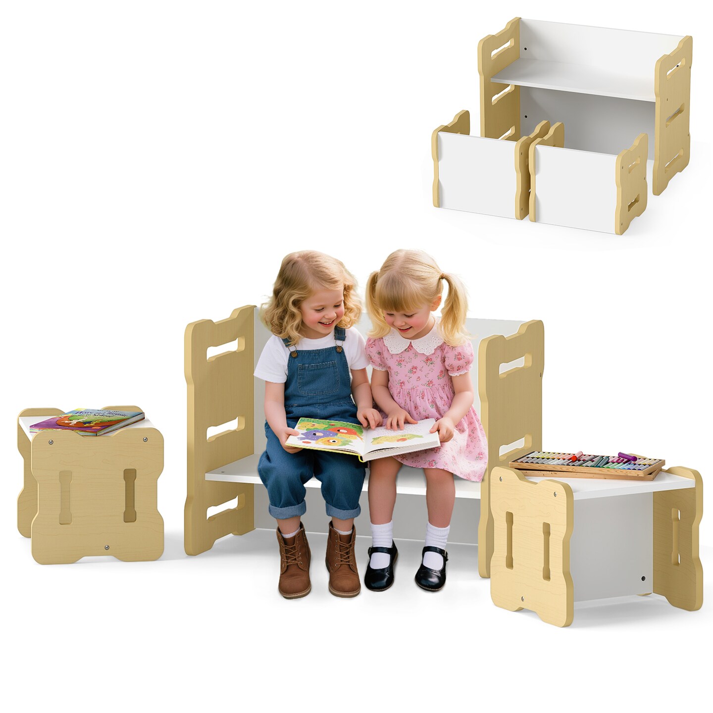 Natural MDF Kids Table and Chair Set 3 Piece Activity Desk with Stools for Homework Drawing