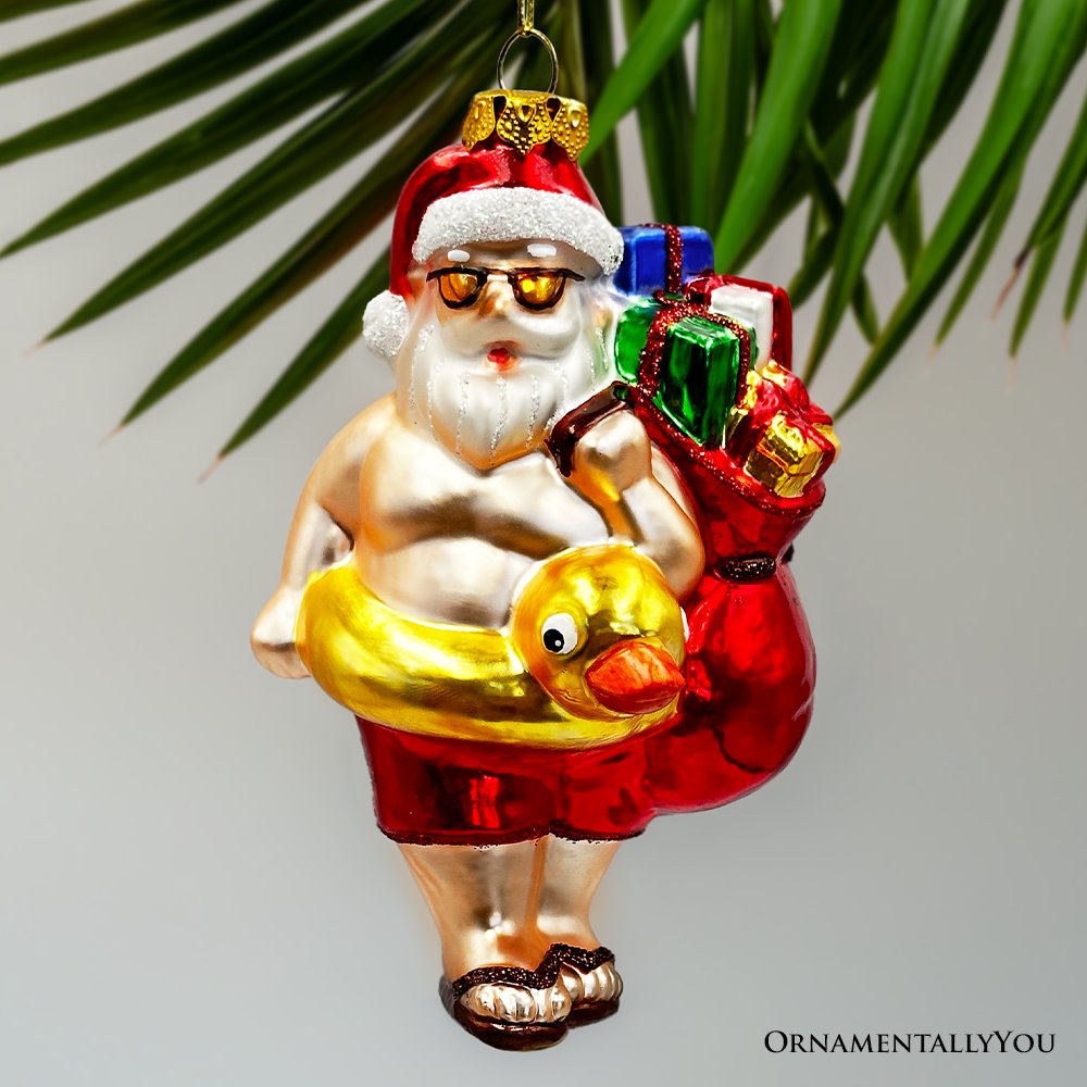 Santa on Summer Vacation in the Pool Quirky Glass Christmas Ornament, Rubber Duckey Tropical Holiday Decor