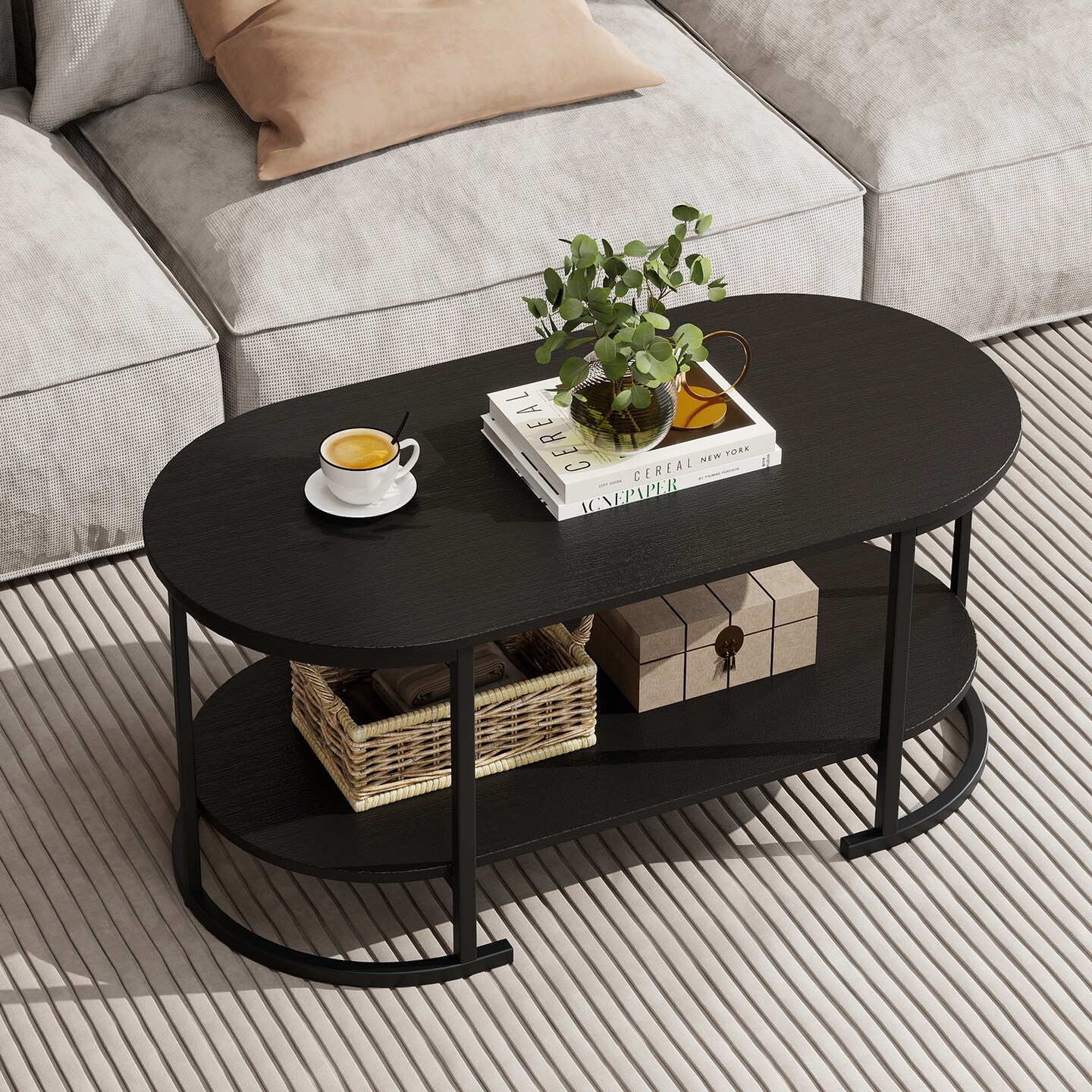 2-Tier Coffee Table Metal Frame Engineered Board Storage Shelf