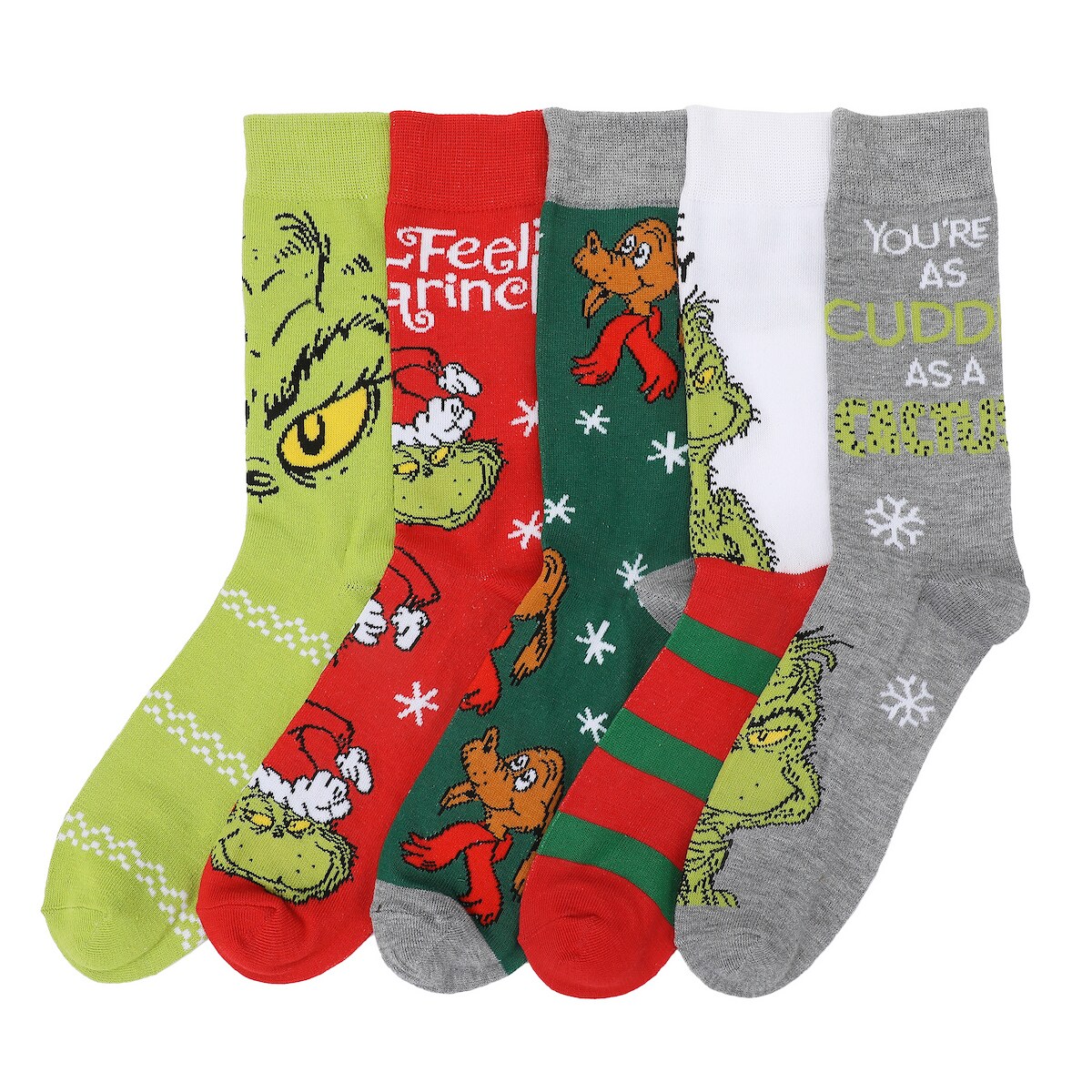 The Grinch Mixed Character Art Mens 5-Pack Casual Crew Socks