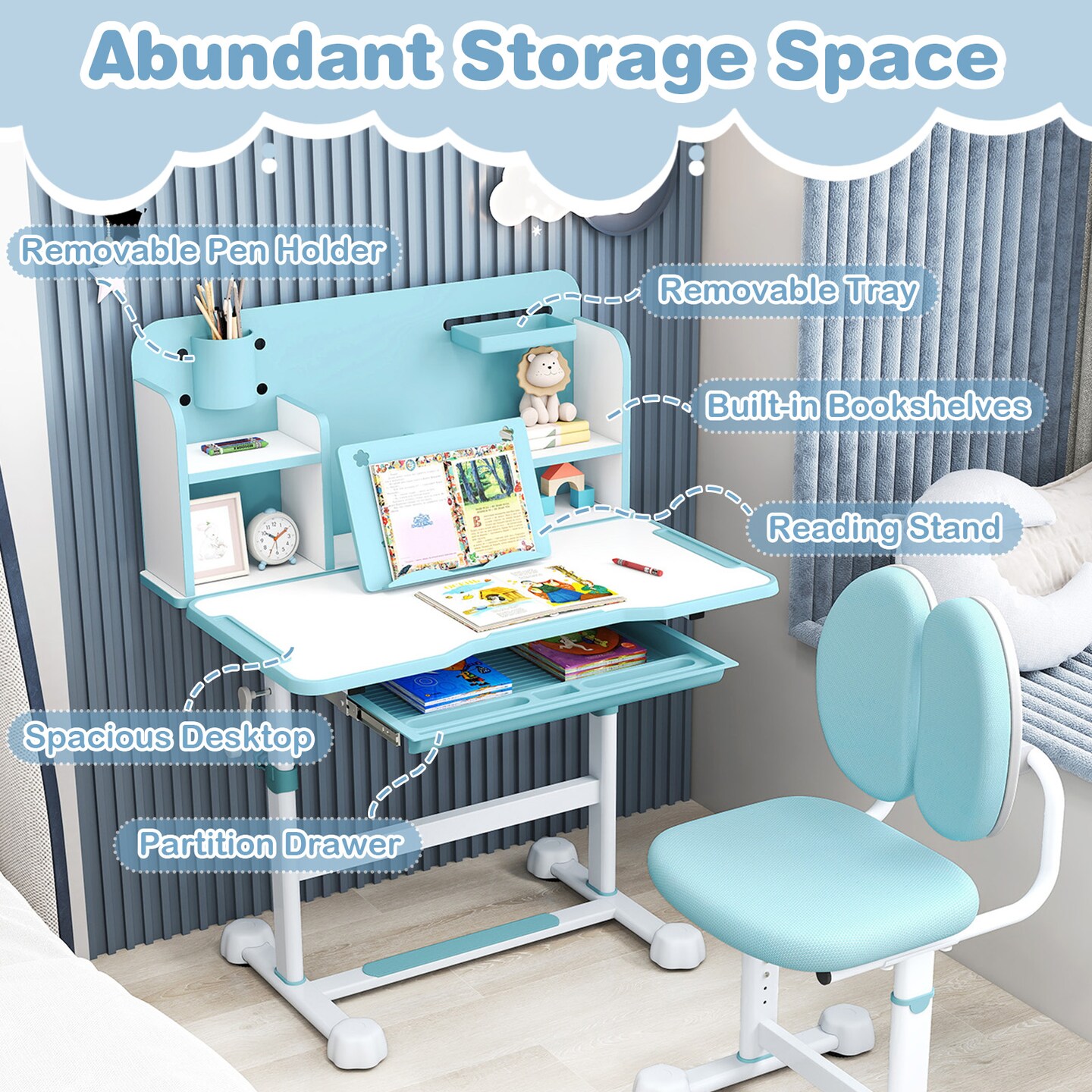 Adjustable Kids Study Desk and Chair Set with Tiltable Desktop, Storage Drawer & Reading Stand