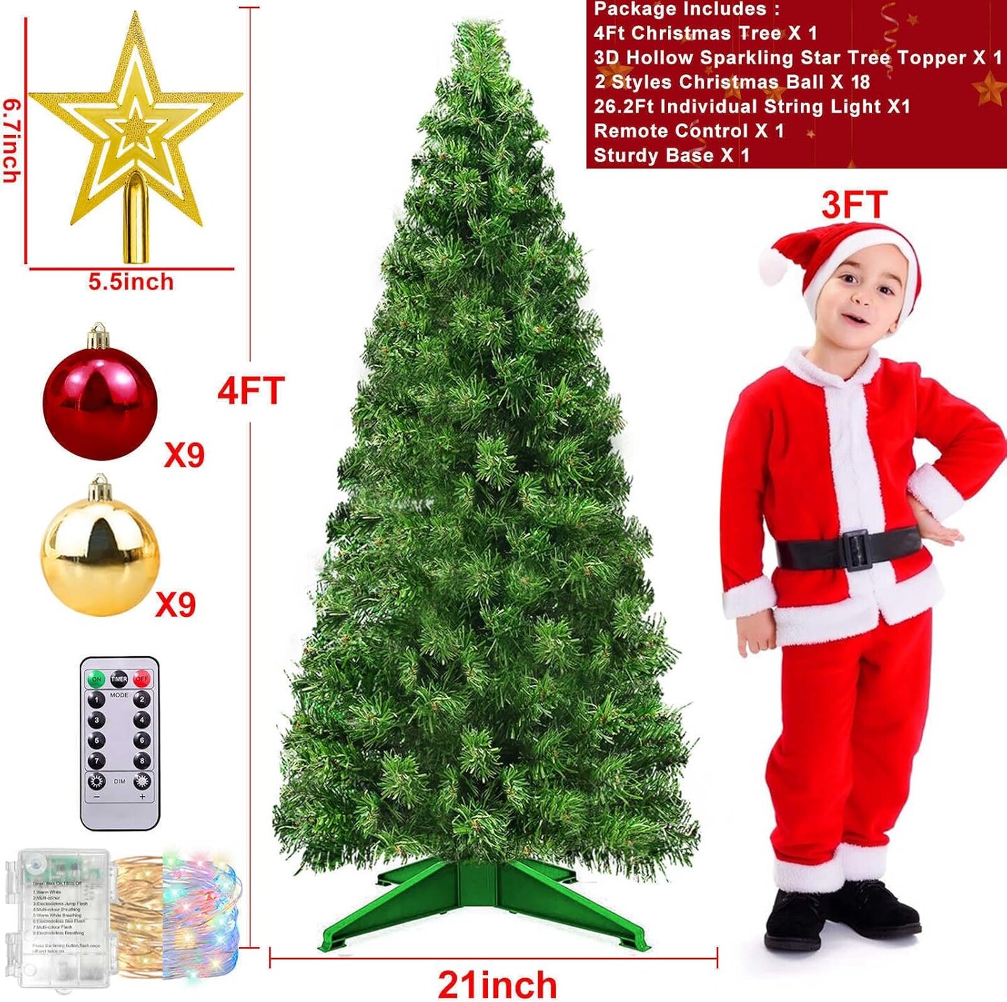4 Ft Christmas Tree Remote Control 8 Modes Dual Color Change Timer 100 Warm White&#x26;Colored Lights 18 Christmas Ball Ornaments 3D Star Battery Operated Small Xmas Tree Table Indoor Holiday Party Decor