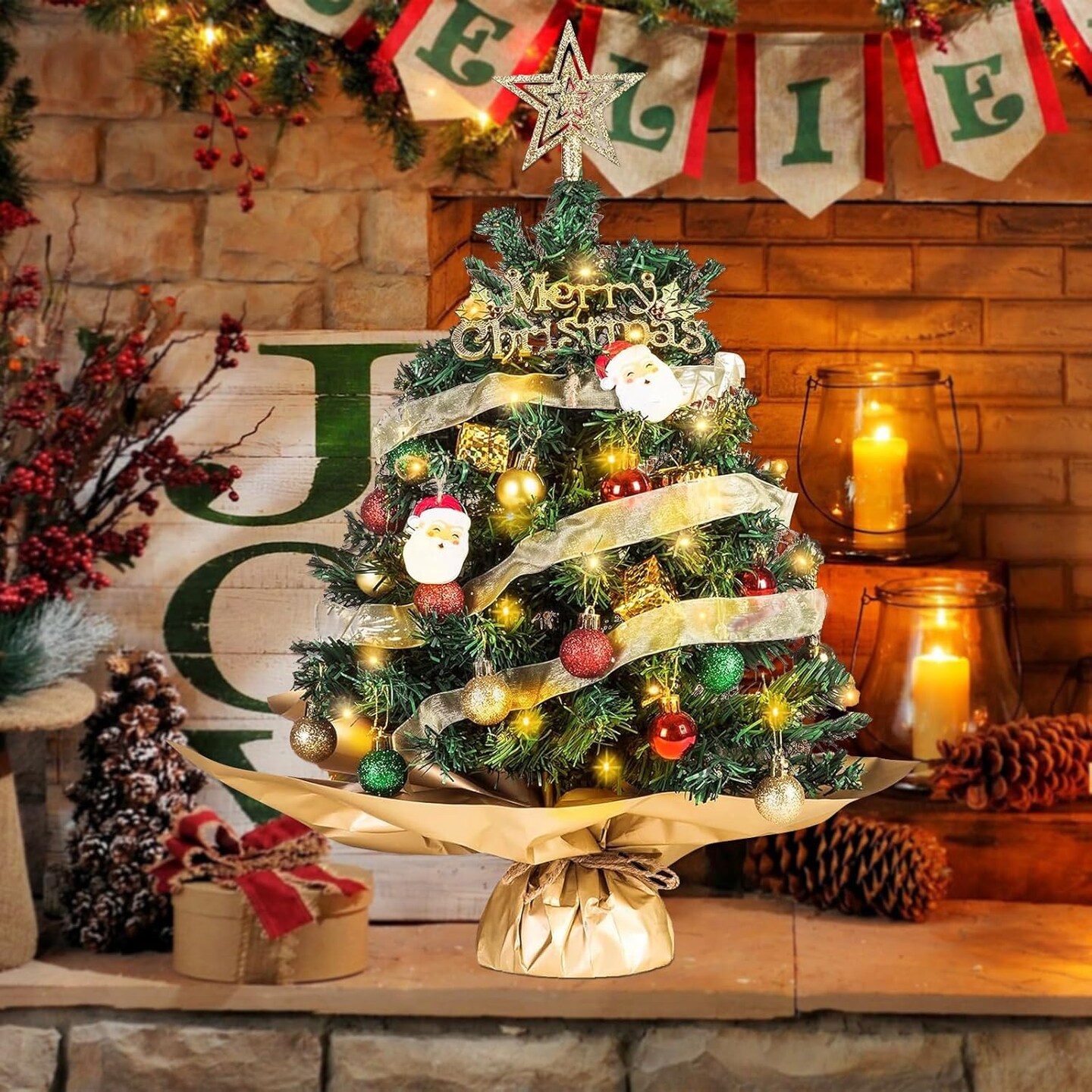 Small Mini Table top Christmas Tree with 50 LED Lights 24 Inch /2FT Little Prelit Christmas Tree Decorated