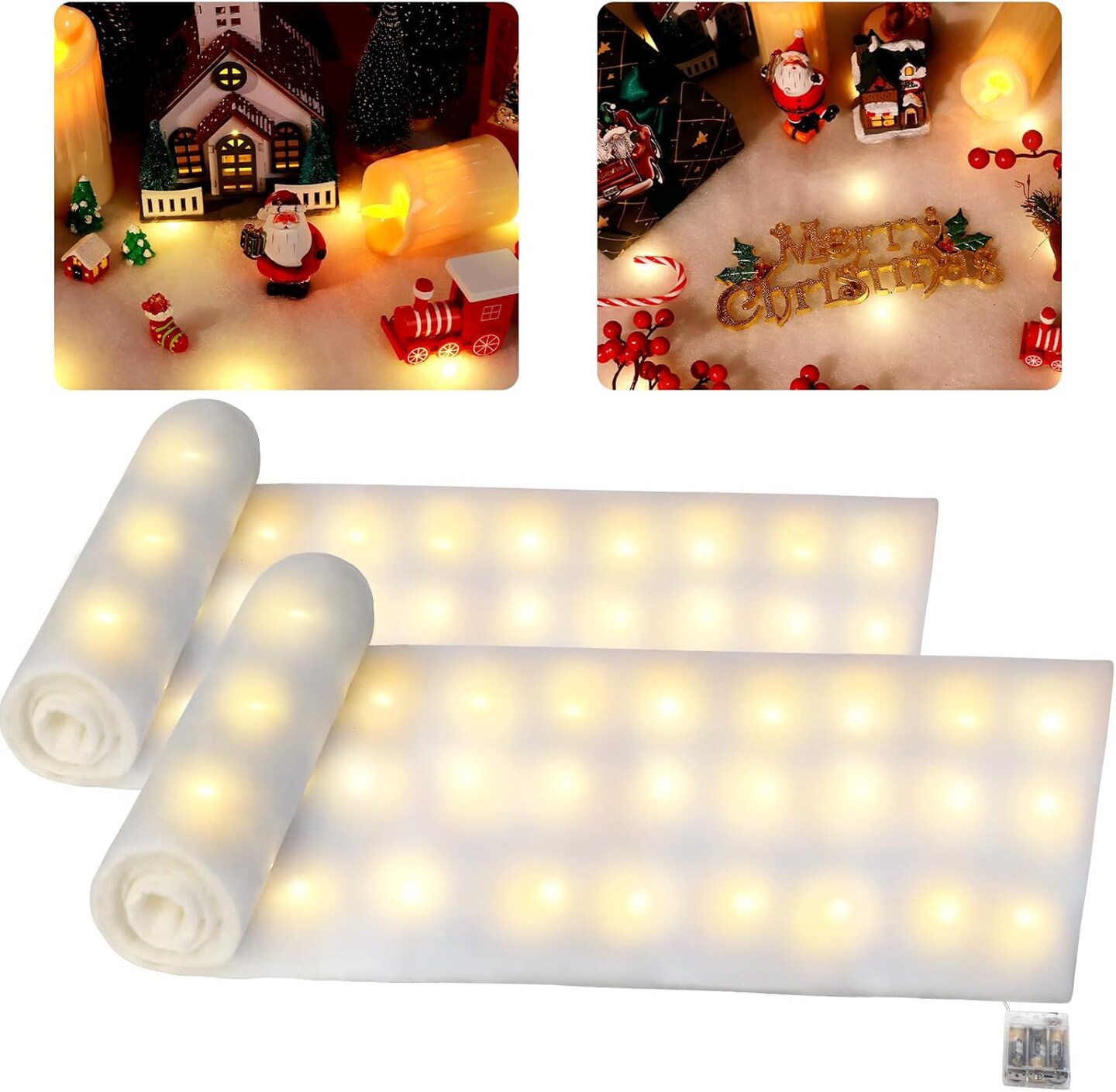 1 Set LED Christmas Fake Snow Blanket Roll with Lights, Artificial Snow Blanket with 100 LED Light Strings,Winter Decor for Christmas Trees Village Craft Indoor Outdoor