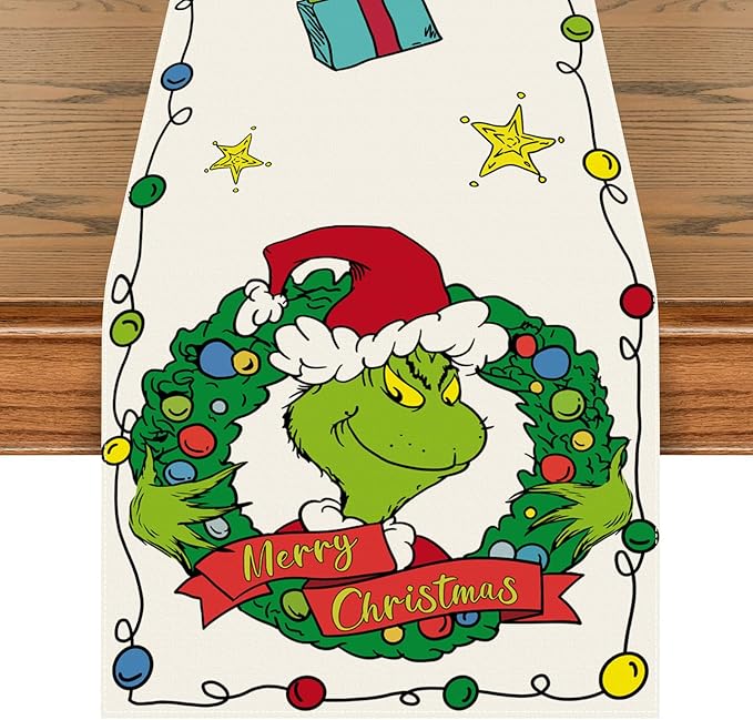 Merry Christmas Table Runner 72 Inches Long, Farmhouse Burlap Table Runner for Christmas Table Decor, Winter Holiday Table Runner 12x72 Inch