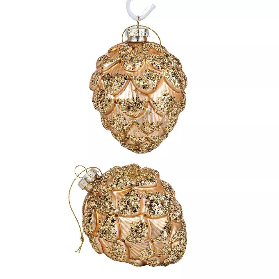 SET OF 2 Gold Pinecones Ornaments, Glass Ornaments, Christmas Pine Cones 4"