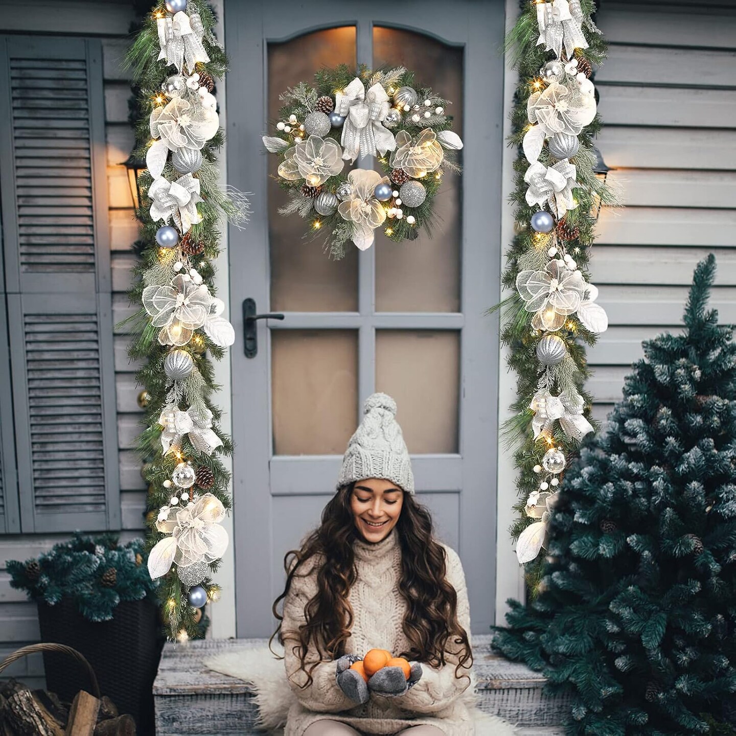 Pre-lit 6 feet Winter White Silver Christmas Garland Decor 20 LED Lights,Garland with Balls and Ribbon Bow,Xmas Decoration on Mantle Fireplace Front Door Indoor Outdoor,Battery Operated