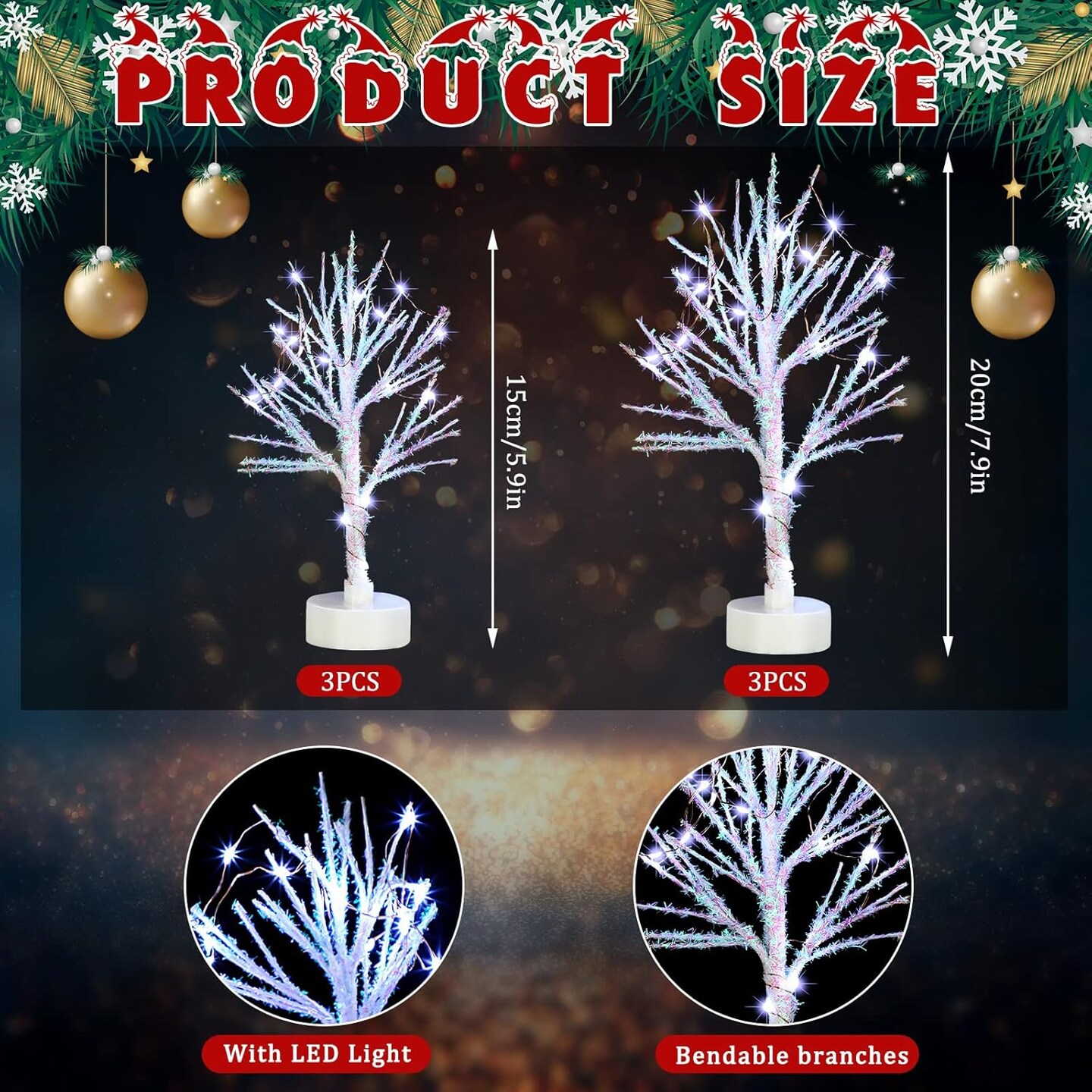 5 Pcs Christmas Village Trees with LED Light Christmas Village Accessories White Christmas Tree Artificial Xmas Mini Bare Branch Tree for Winter Christmas Decoration 5.9 Inch 7.9 Inch(Modern)