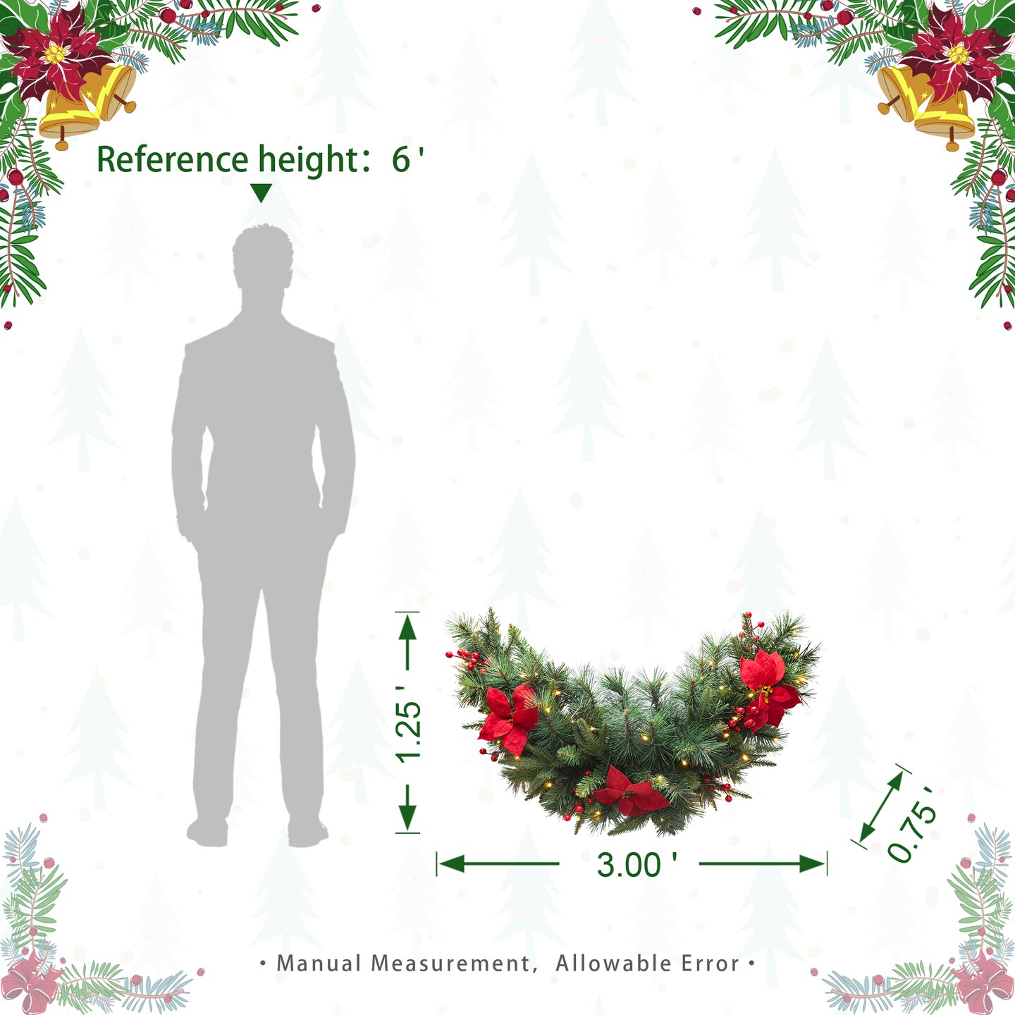 Set of 2 Pre-Lit Christmas Swag, with 50 Warm White LED Lights, Three Function