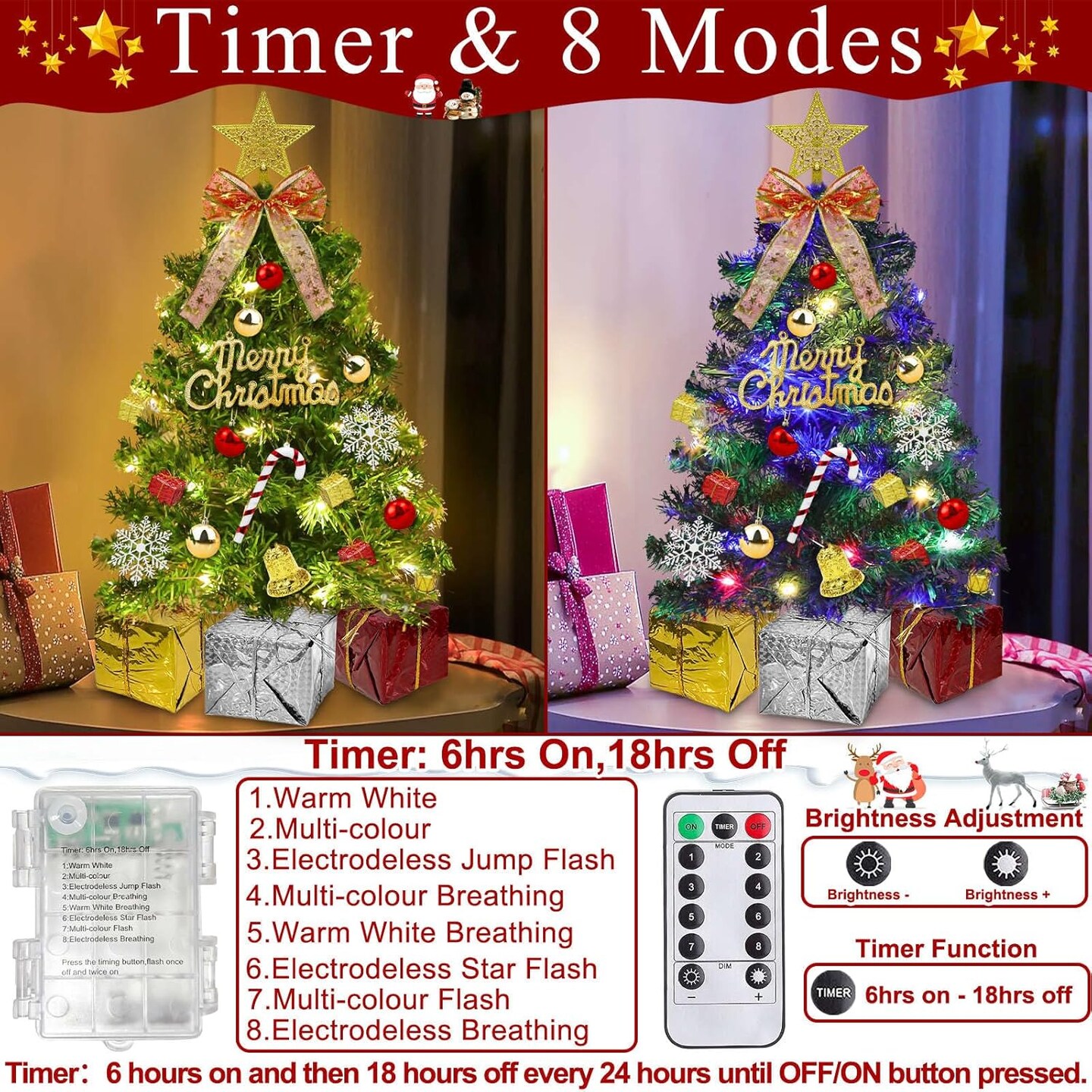 Dual Color Change&Remote Control 24 Inch Tabletop Christmas Tree, 20 LED Warm White&Colored Lights Timer 8 Modes 27 Orantments