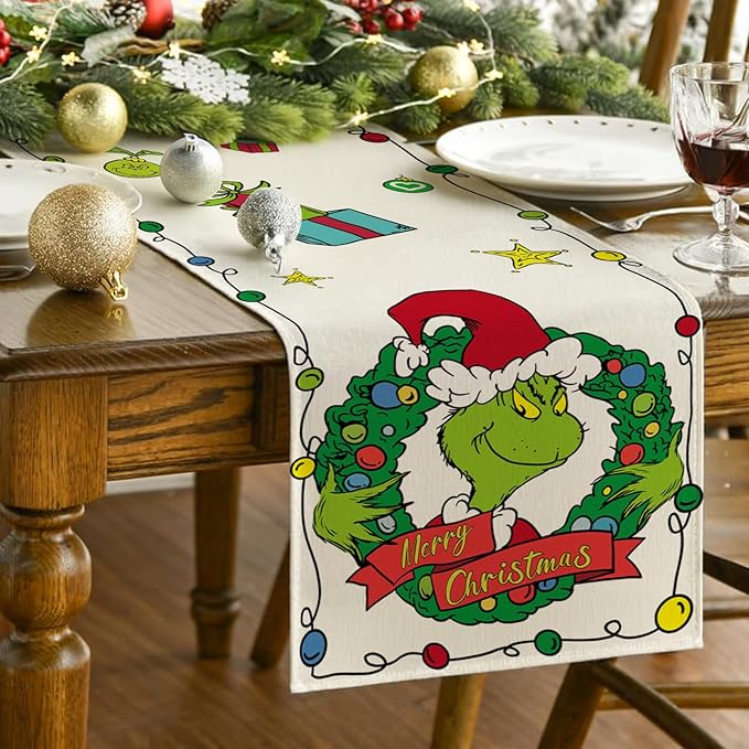 Merry Christmas Table Runner 72 Inches Long, Farmhouse Burlap Table Runner for Christmas Table Decor, Winter Holiday Table Runner 12x72 Inch