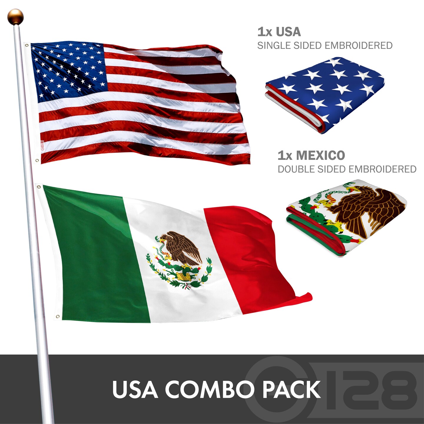 G128 Combo Pack: American USA Flag ToughWeave Series 6x10 Ft Single Sided &#x26; Mexico Mexican Flag Double Sided 6x10 Ft Double ToughWeave Series | Both Embroidered Polyester, Brass Grommets