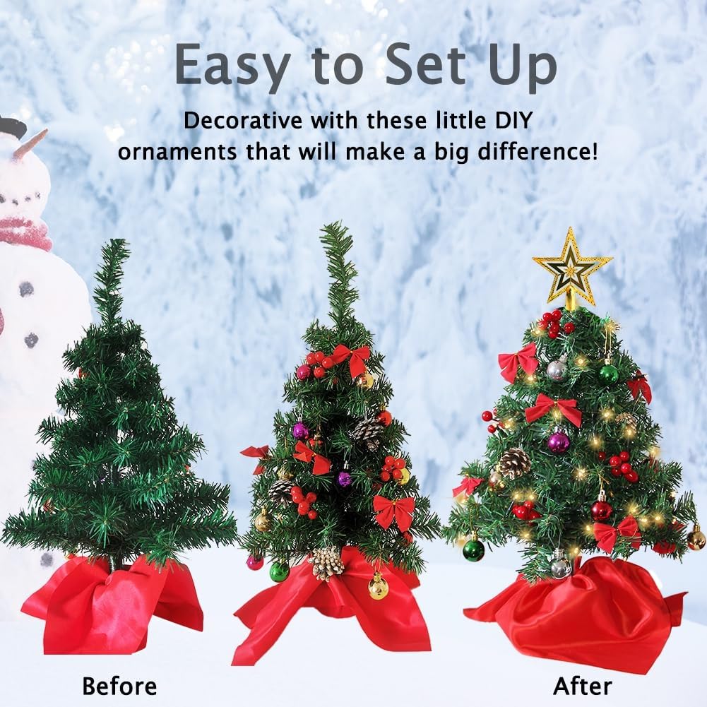 24 Inch Mini Christmas Tree Set, Table Top Artificial Christmas Trees with 50 LED Lights, Tree Topper, Ornaments and Red Berries, Best DIY Christmas Decorations