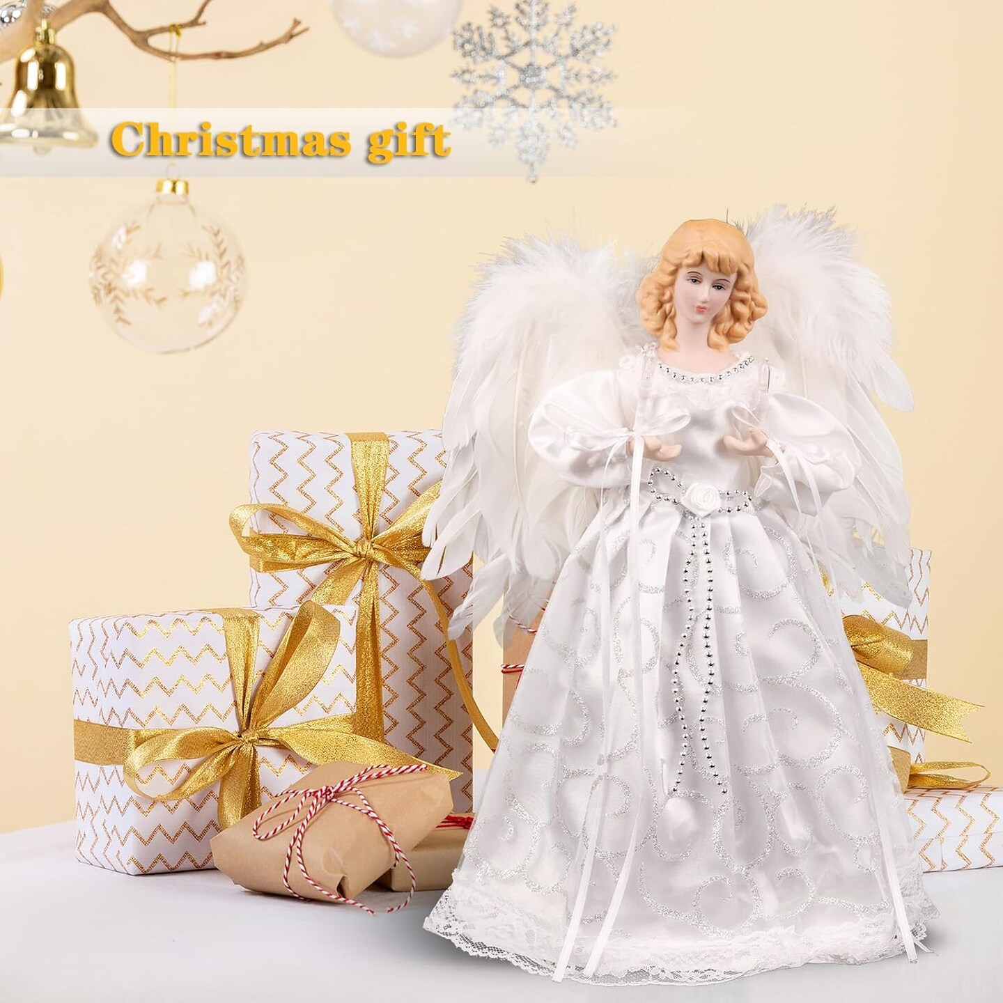 Christmas Tree Topper with Lights | 12.5 inch White Angel Tree Topper | Battery-Powered Tree Toppers Christmas Decorations