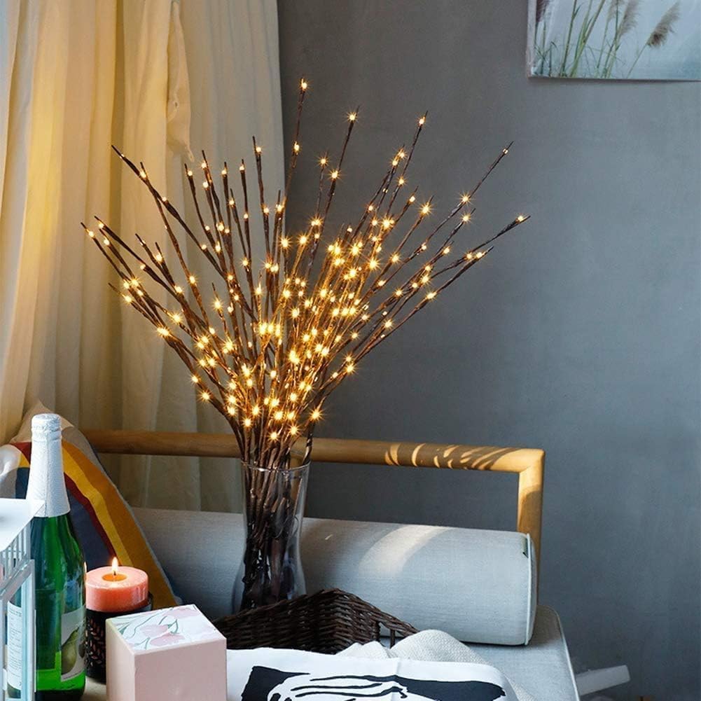 4 Pack Led Branch Light Battery Operated Lighted Branch Vase Filler Willow Tree Artificial Little Twig Power Brown 30 Inch 20 LED for Home Romantic Decoration, White