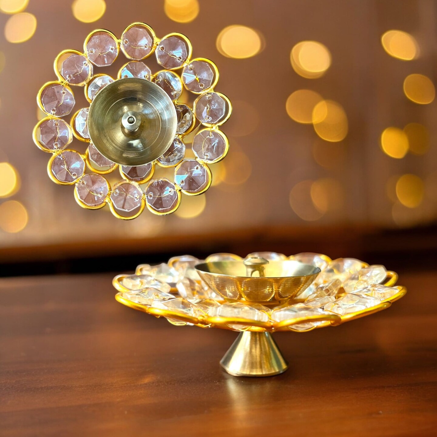 Brass Decorative Diya with Acrylic Glass Floral Design &#x2013; Diwali Diyas for Puja, Kuthu Vilakku, Home Temple Decor, Deepam, Deepawali Decoration, Lantern, Housewarming Return Gift