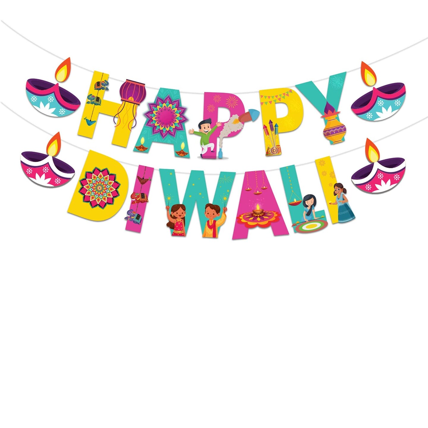 Happy Diwali Banner Bunting Diy Hanging Decorations Festival of Light Deepawali Diya Wall Hanging Decor for Home - Party Supplies Indian Themed Party Backdrop Decoration