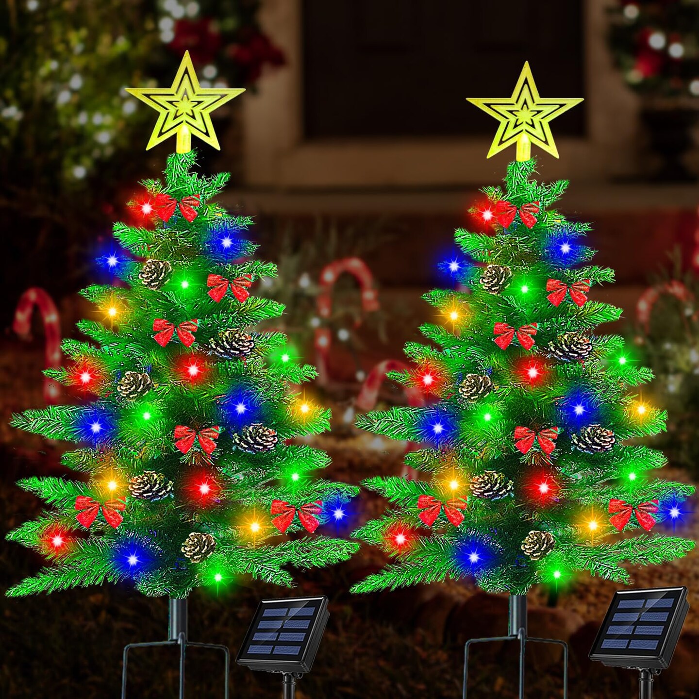 Upgraded 3.6Ft Solar Christmas Tree Pathway Lights, 2 Pack 100 LED Xmas Tree with 50 Pcs Christmas Ornaments, Prelit Christmas Tree Yard Stake Lights for Christmas Decorations Outdoor Yard Porch