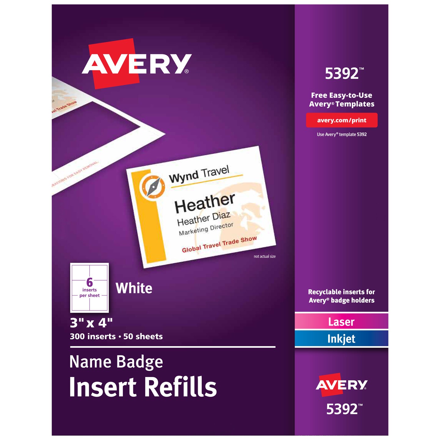 Avery Customizable Name Badge Inserts, 3" x 4", White, 300 Printable Name Tag Inserts (5392)