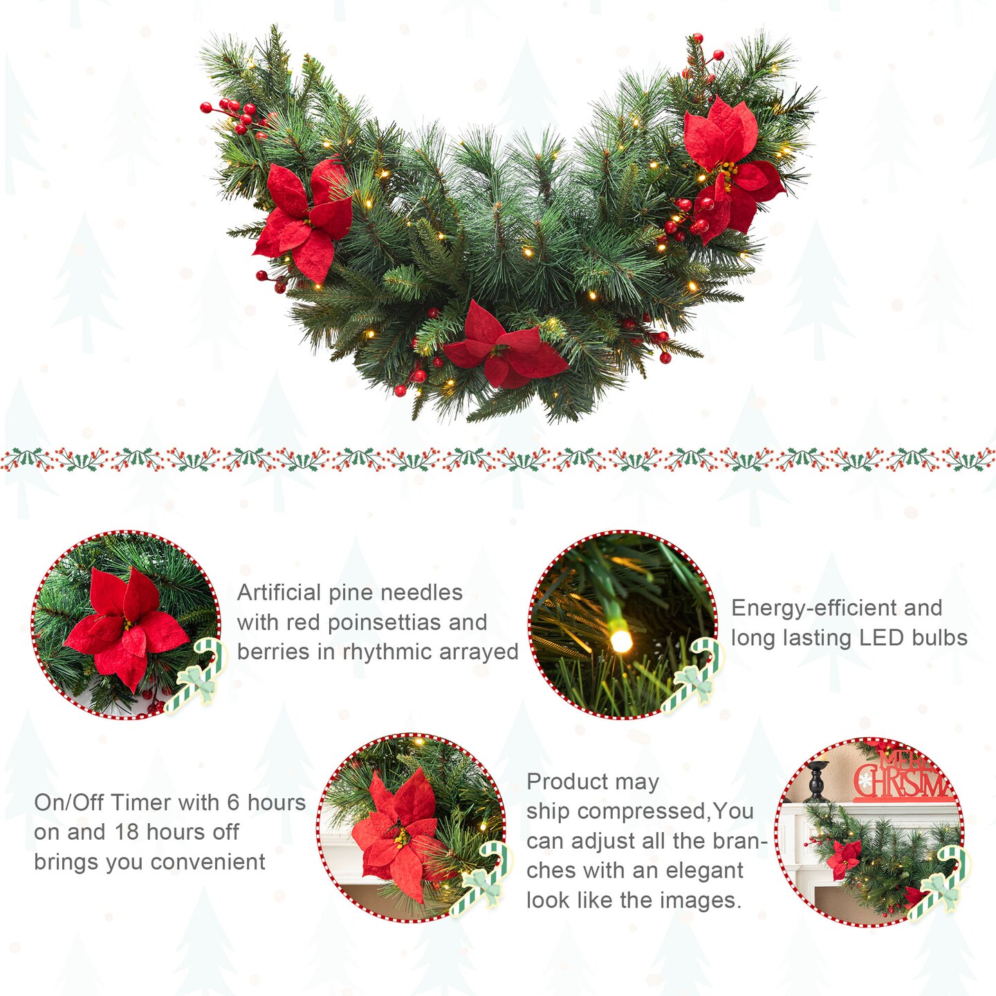 Set of 2 Pre-Lit Christmas Swag, with 50 Warm White LED Lights, Three Function