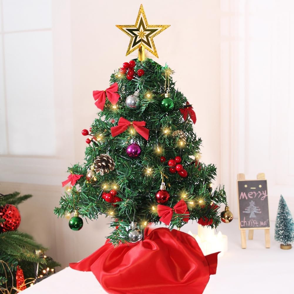 24 Inch Mini Christmas Tree Set, Table Top Artificial Christmas Trees with 50 LED Lights, Tree Topper, Ornaments and Red Berries, Best DIY Christmas Decorations