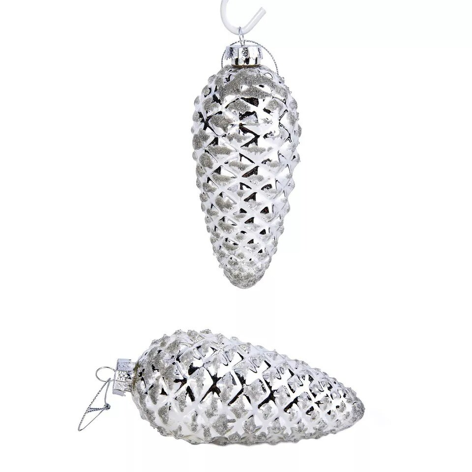 SET OF 2 Silver Pinecones Ornaments, Glass Ornaments, Christmas Pine Cones 5.3&#x22;