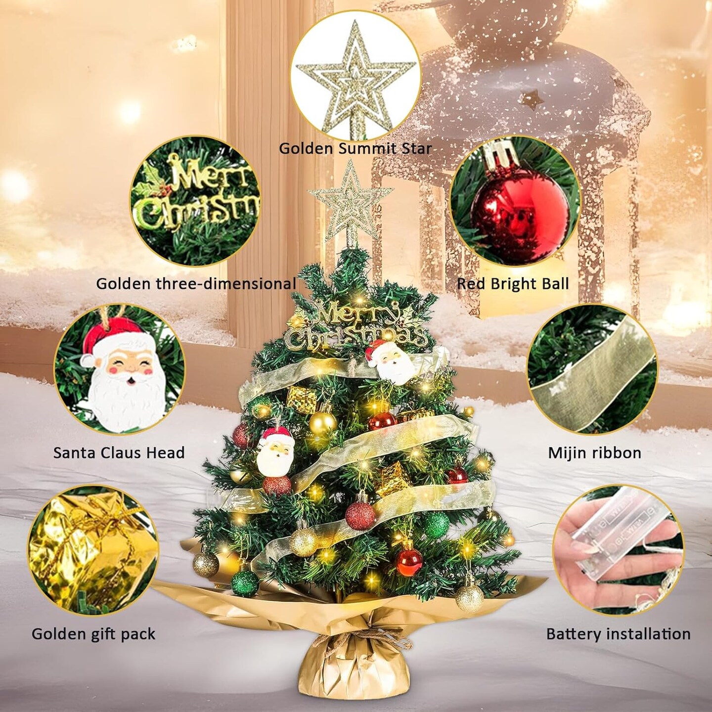 Small Mini Table top Christmas Tree with 50 LED Lights 24 Inch /2FT Little Prelit Christmas Tree Decorated