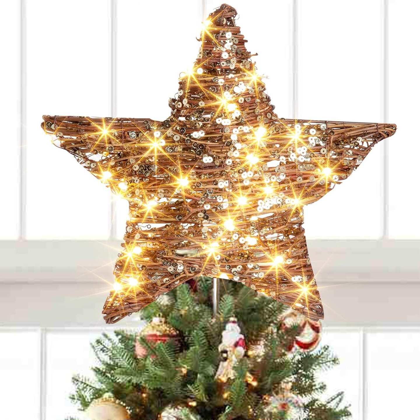 13.37&#x201D; 40 LED Christmas Rattan Tree Topper, Indoor Rustic Natural Star Treetop
