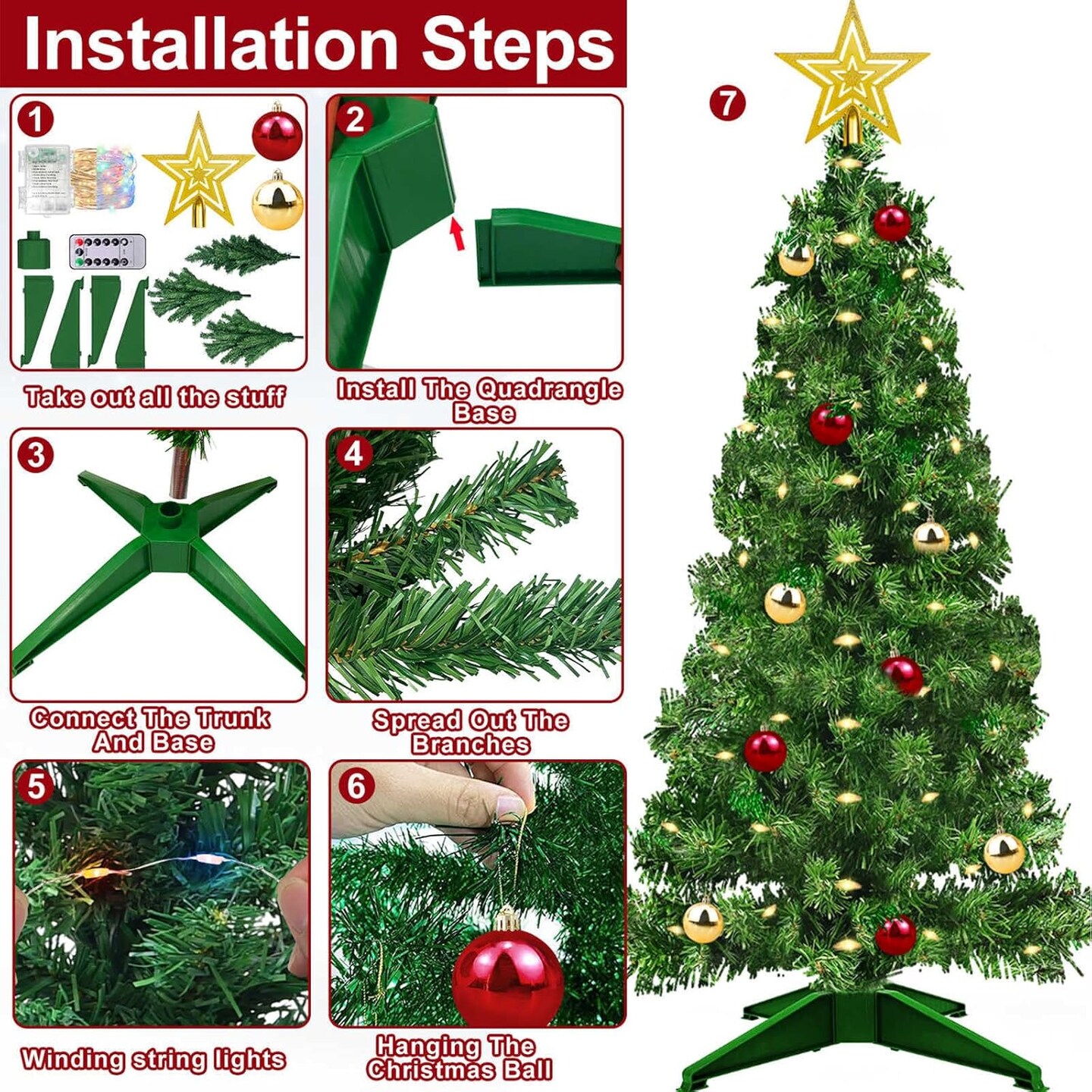 4 Ft Christmas Tree Remote Control 8 Modes Dual Color Change Timer 100 Warm White&#x26;Colored Lights 18 Christmas Ball Ornaments 3D Star Battery Operated Small Xmas Tree Table Indoor Holiday Party Decor