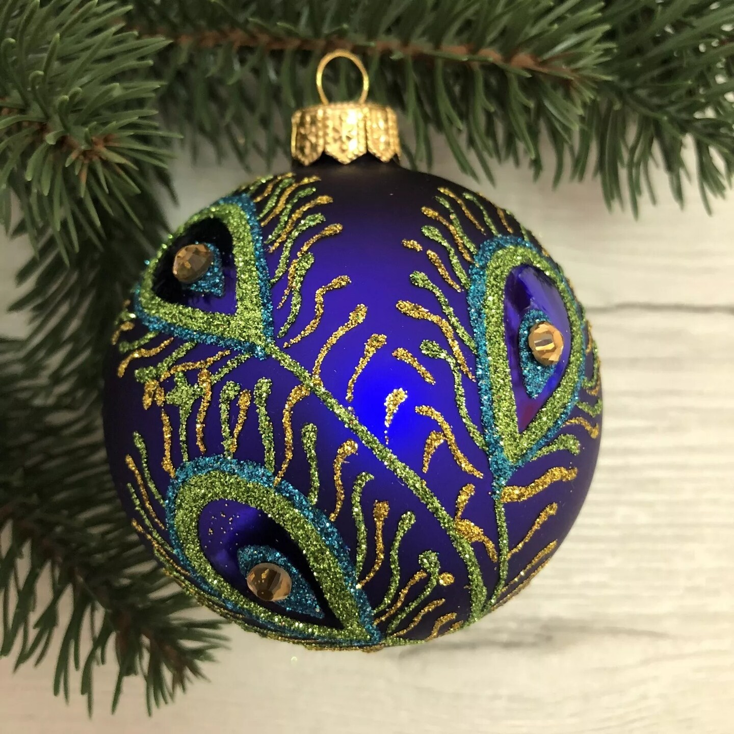 Peacock Feather Blue Christmas Glass Ball Ornament Bauble Made in Ukraine 3&#x22;