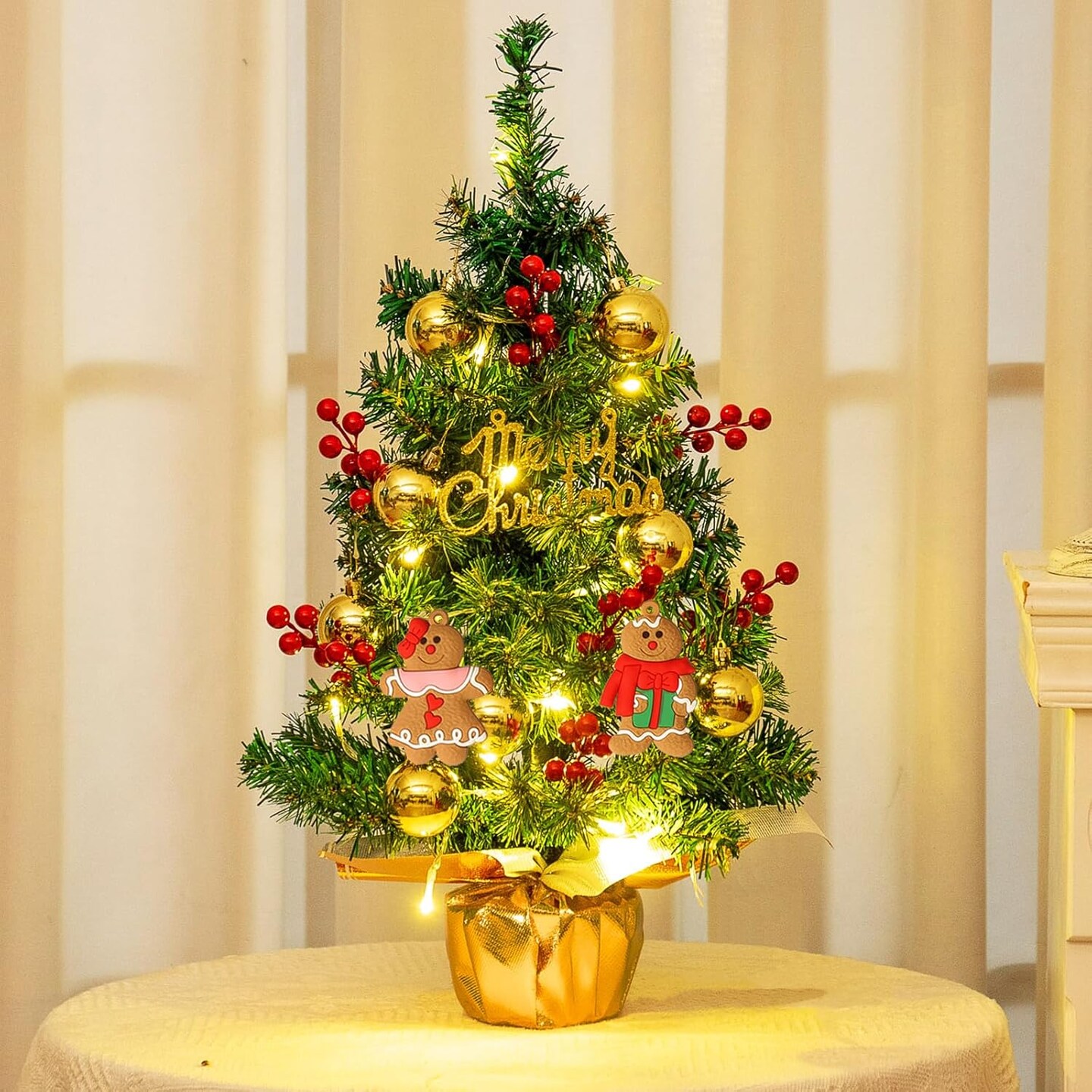 Small Mini Christmas Tree 22 Inch with Light,Tabletop Miniature Pine Christmas Tree with Hanging Ornaments, Battery Operated Artificial Xmas Tree, Best DIY Christmas Holiday Party Decorations