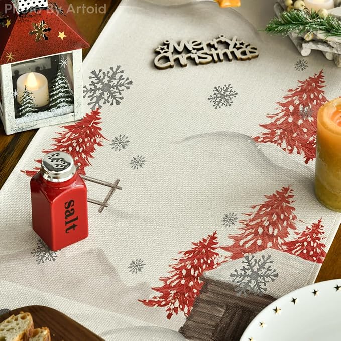 Snowman Christmas Table Runner, Seasonal Winter Holiday Kitchen Dining Table Decoration for Home Party Decor 13x72 Inch