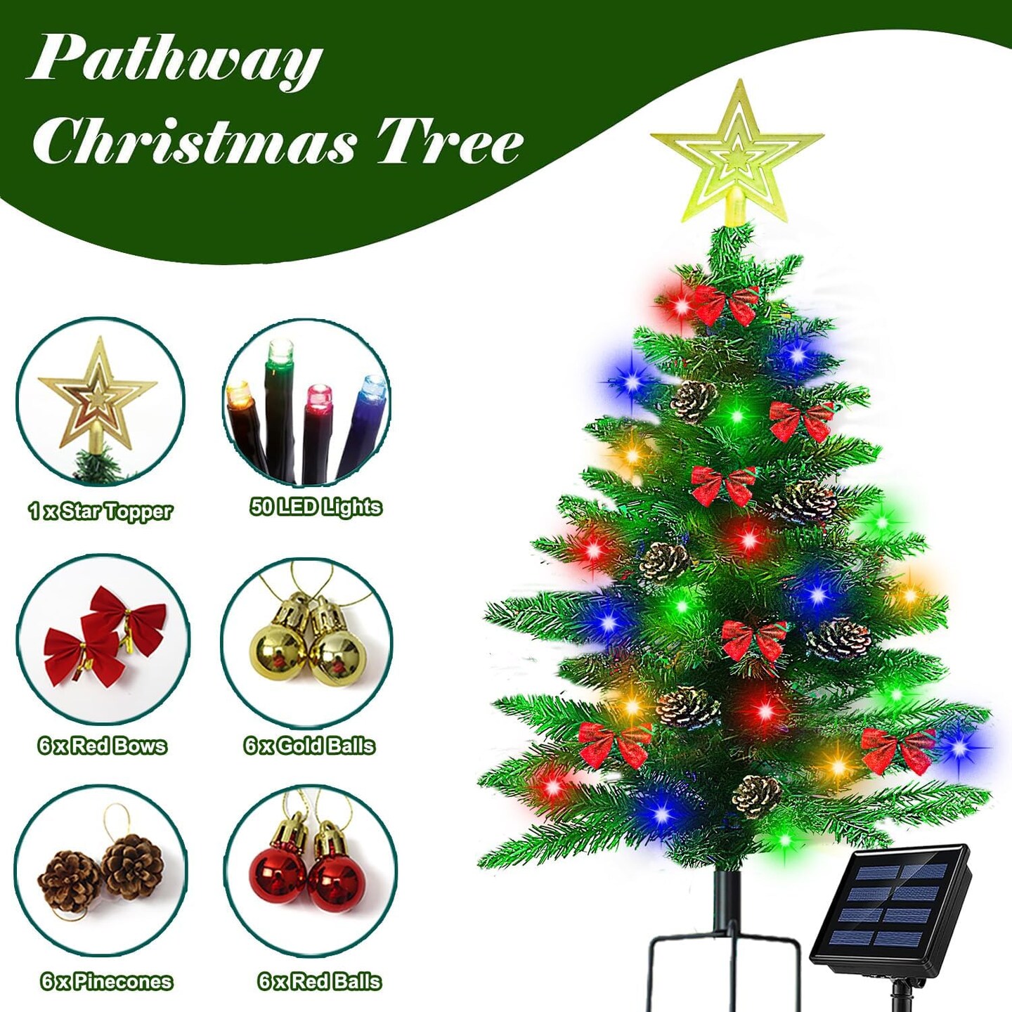 Upgraded 3.6Ft Solar Christmas Tree Pathway Lights, 2 Pack 100 LED Xmas Tree with 50 Pcs Christmas Ornaments, Prelit Christmas Tree Yard Stake Lights for Christmas Decorations Outdoor Yard Porch