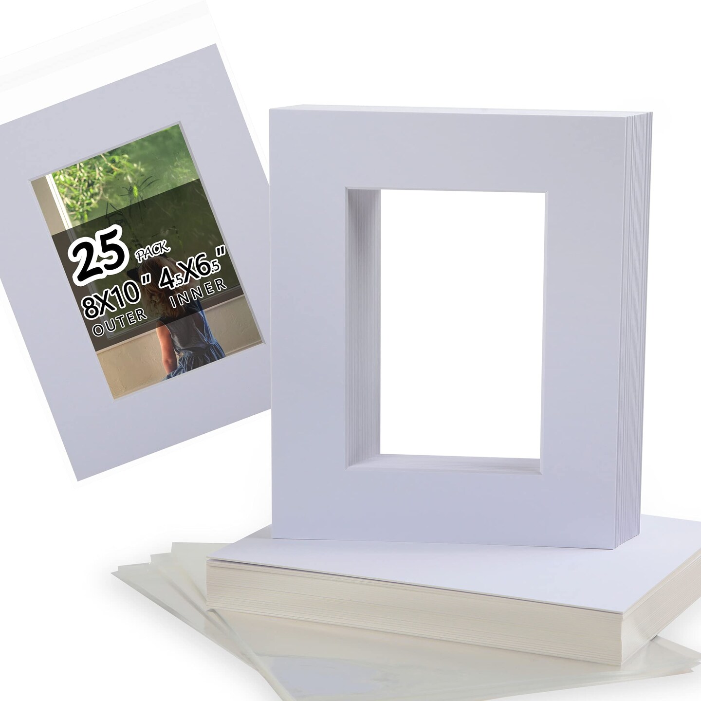 Acid Free 8x10 Pre-Cut Picture Mat Board Kit for 5x7 Photo, Includes 25 White Core Bevel Cut Mattes, 25 Backing Boards, 25 Crystal Clear Bags