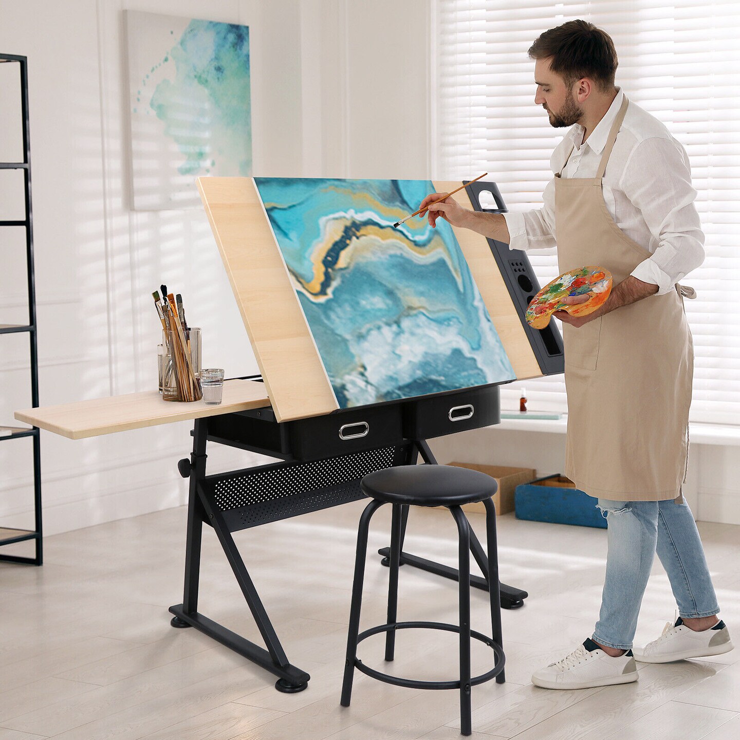 Adjustable Drafting Table with Stool &#x2013; Artist Drawing Desk with Tilted Tabletop