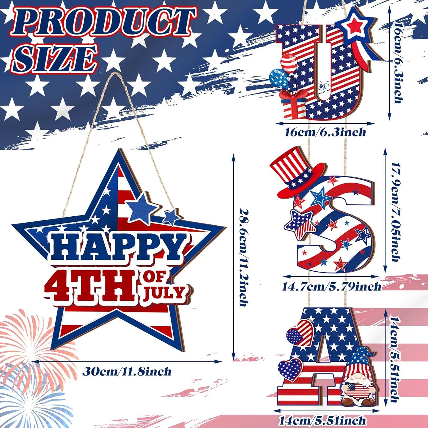 2 Pcs 250th Anniversary Patriotic Door Signs - USA Semiquincentennial Wood Wreath Decor for Front Porch - 12" Round Red White & Blue Hanging Signs for 4th of July, Memorial Day & Independence Day