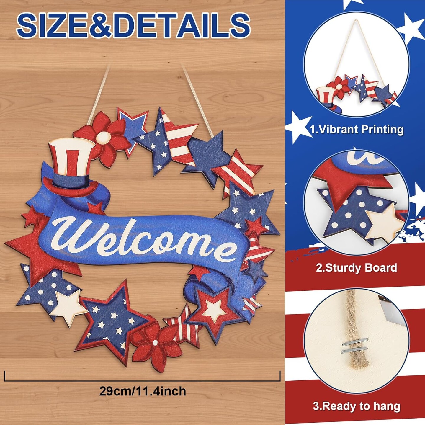 4th of July Decorations Wooden Welcome Sign, Wooden American Flag Star Wreath, Outdoor Wall Hanging for Front Porch, Memorial Day Home Decor (4th of July)