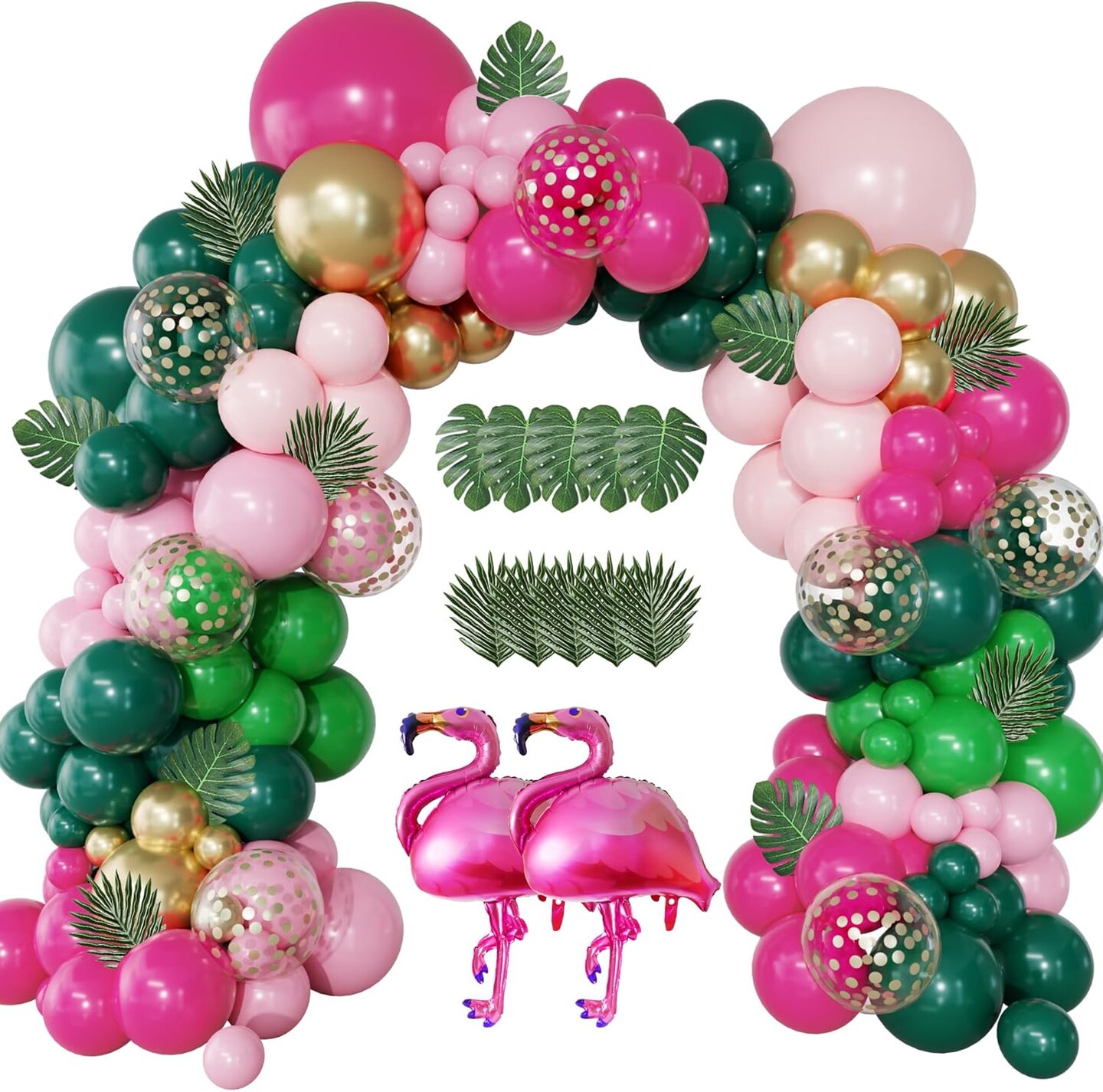 156Pcs Tropical Flamingo Balloon Arch Garland Kit, Hot Pink Dark Green Light Pink Gold Confetti Flamingo Foil Balloons