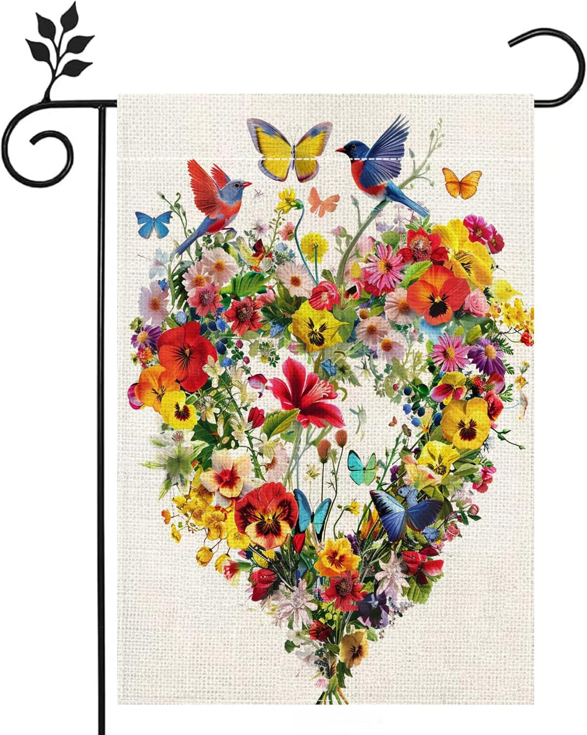Spring/Summer Garden Flag – 12x18 Inch Double-Sided Outdoor Burlap Flag with Birds, Flowers, Butterflies, and Colorful Hearts for Yard and Home Decor