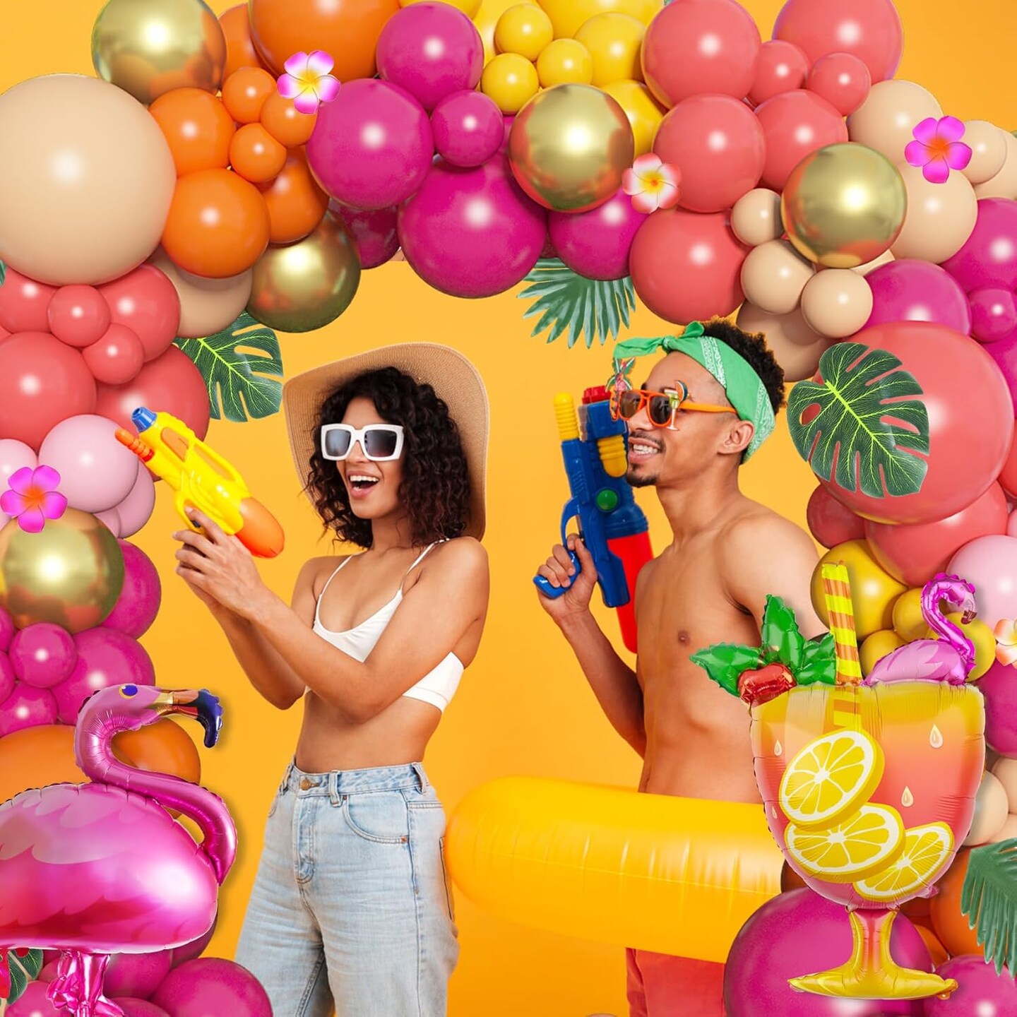 178Pcs Tropical Balloons Arch Garland Kit, Luau Tropical Party Decorations with Aloha Pineapple Coconut Hot Pink Aqua Blue Balloons &#x26; Palm Leaves for Hawaiian Summer Birthday Supplies